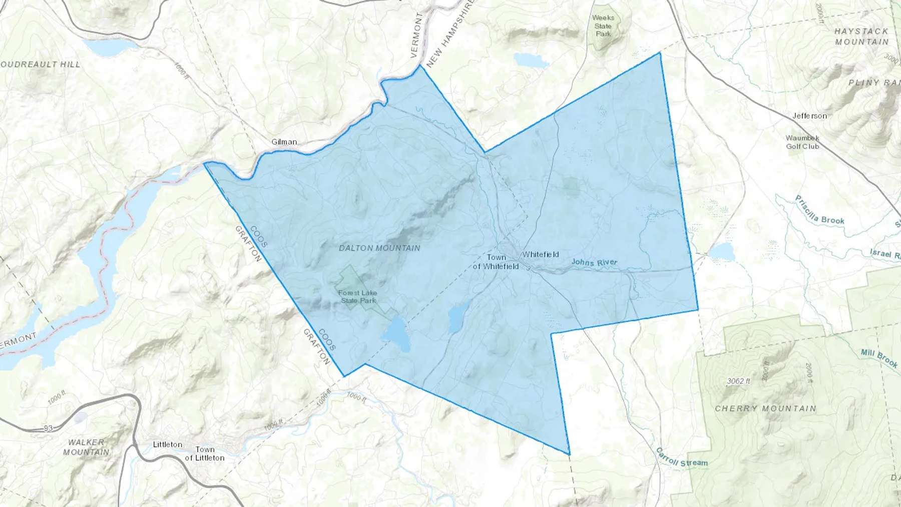 Whitefield, NH Cash heating Oil delivery map Map of the COD Fuel Oil delivery service area for Whitefield, NH