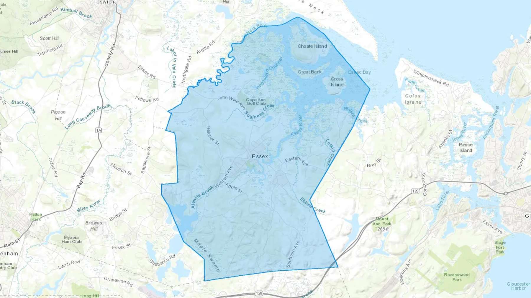 Essex, MA Cash heating Oil delivery map Map of the COD Fuel Oil delivery service area for Essex, MA
