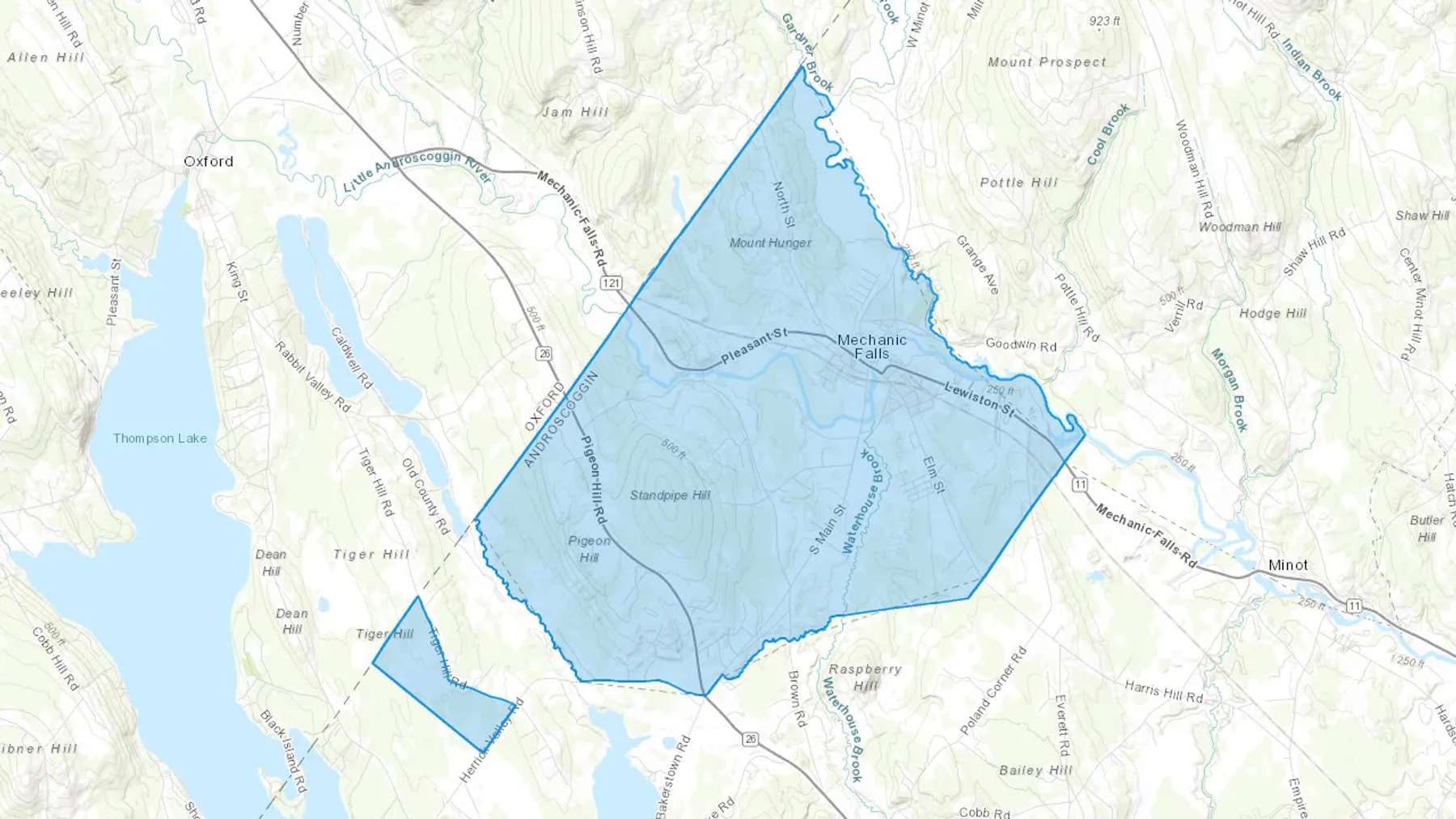 Mechanic Falls, ME Cash heating Oil delivery map Map of the COD Fuel Oil delivery service area for Mechanic Falls, ME