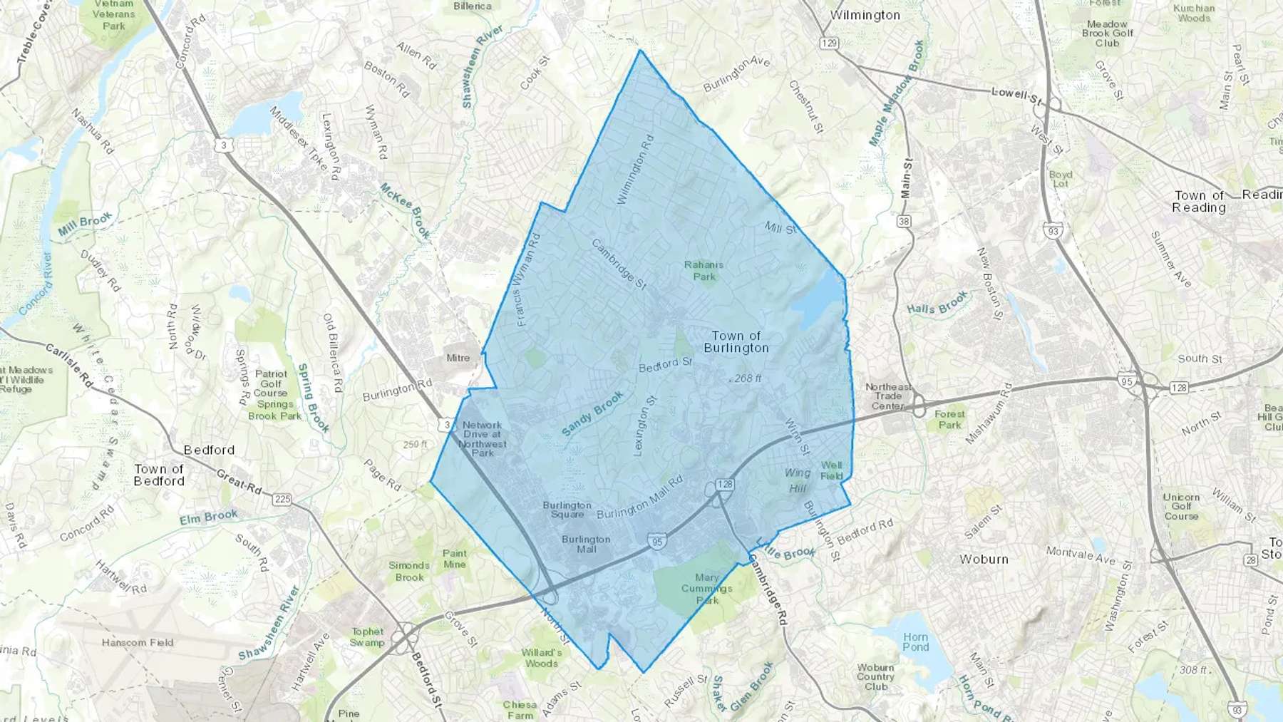 Burlington, MA Cash heating Oil delivery map Map of the COD Fuel Oil delivery service area for Burlington, MA
