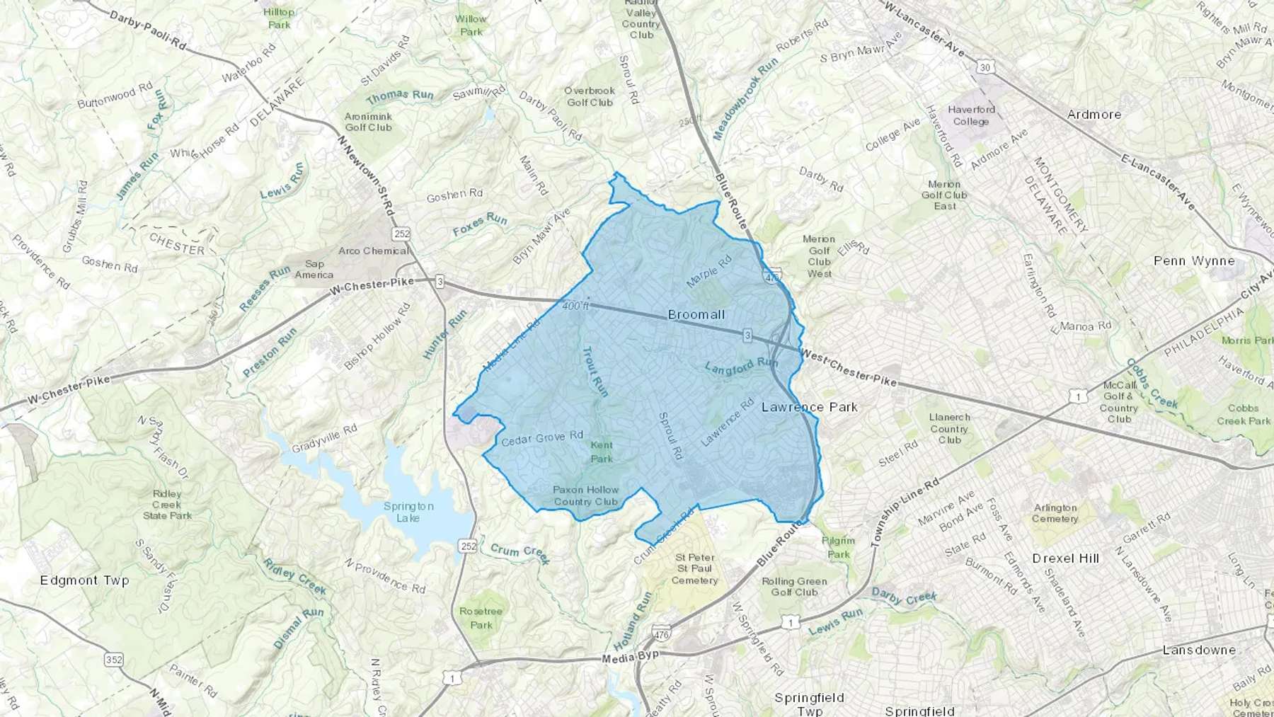 Broomall, PA Cash heating Oil delivery map Map of the COD Fuel Oil delivery service area for Broomall, PA