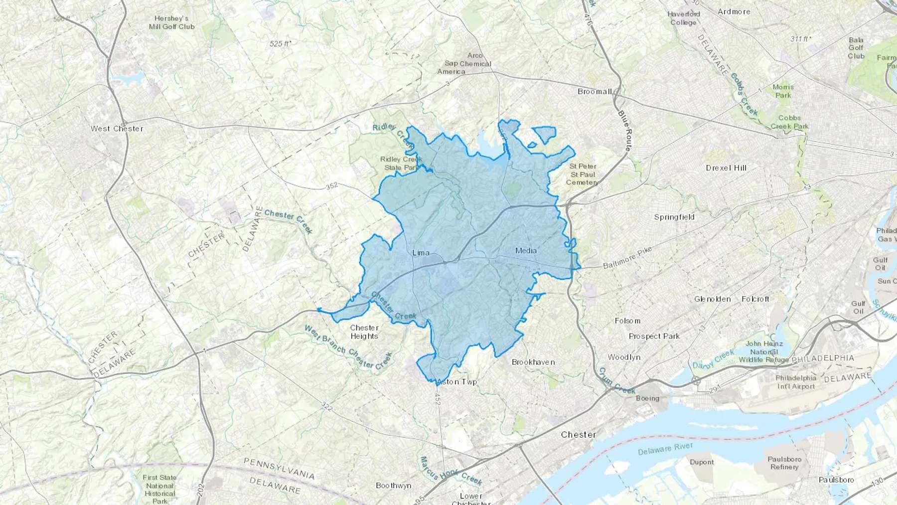 Media, PA Cash heating Oil delivery map Map of the COD Fuel Oil delivery service area for Media, PA