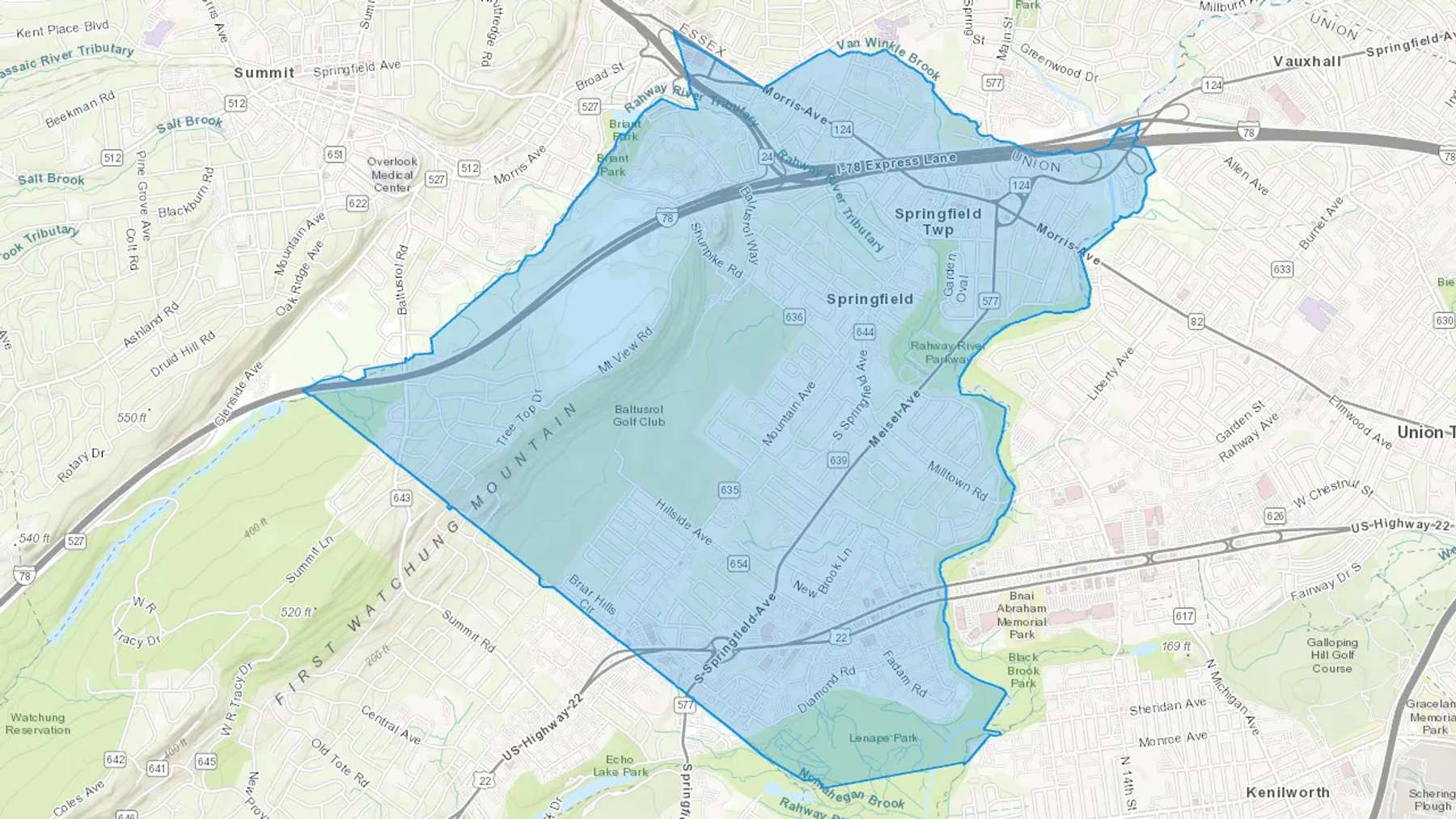 Springfield, NJ Cash heating Oil delivery map Map of the COD Fuel Oil delivery service area for Springfield, NJ