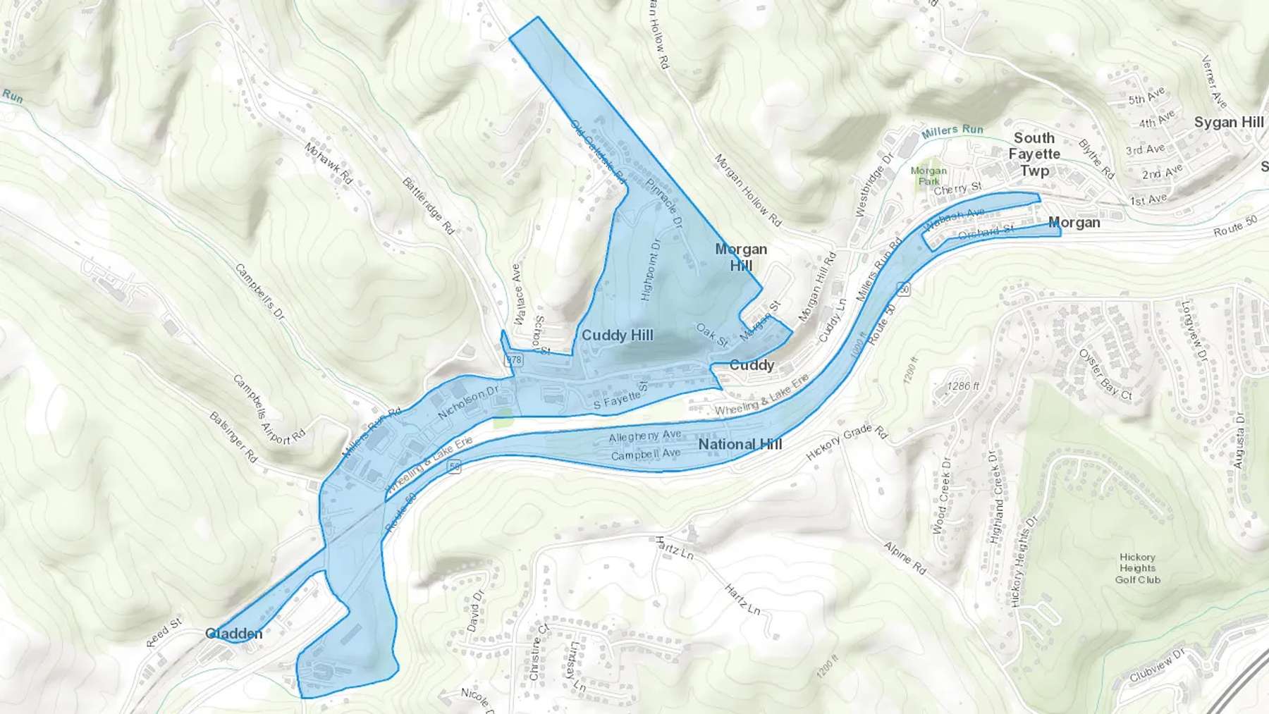 Cuddy, PA Cash heating Oil delivery map Map of the COD Fuel Oil delivery service area for Cuddy, PA