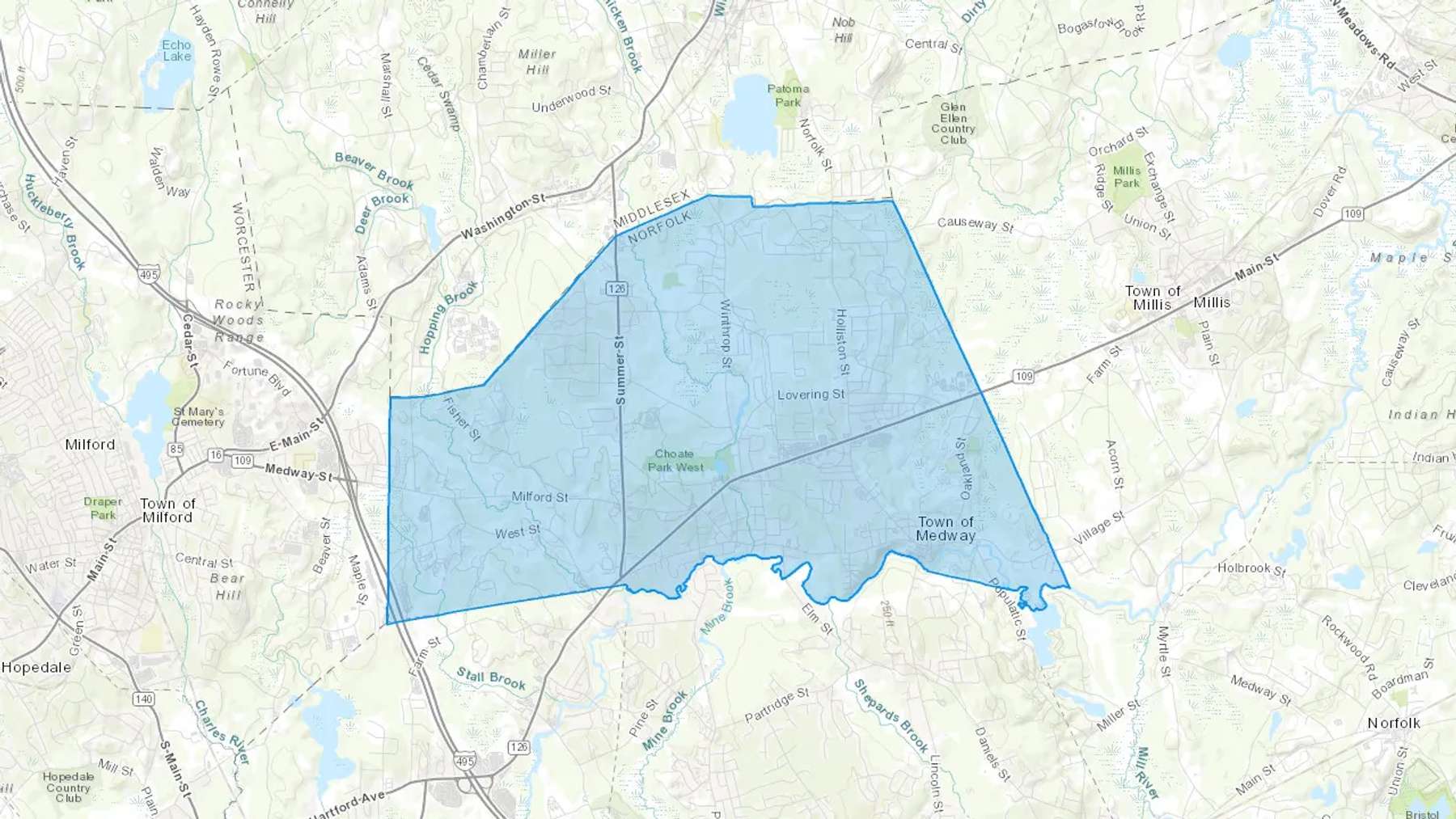 Medway, MA Cash heating Oil delivery map Map of the COD Fuel Oil delivery service area for Medway, MA