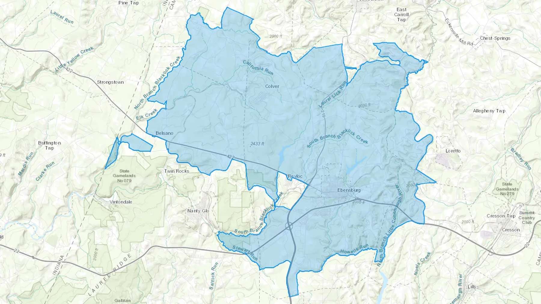 Ebensburg, PA Cash heating Oil delivery map Map of the COD Fuel Oil delivery service area for Ebensburg, PA