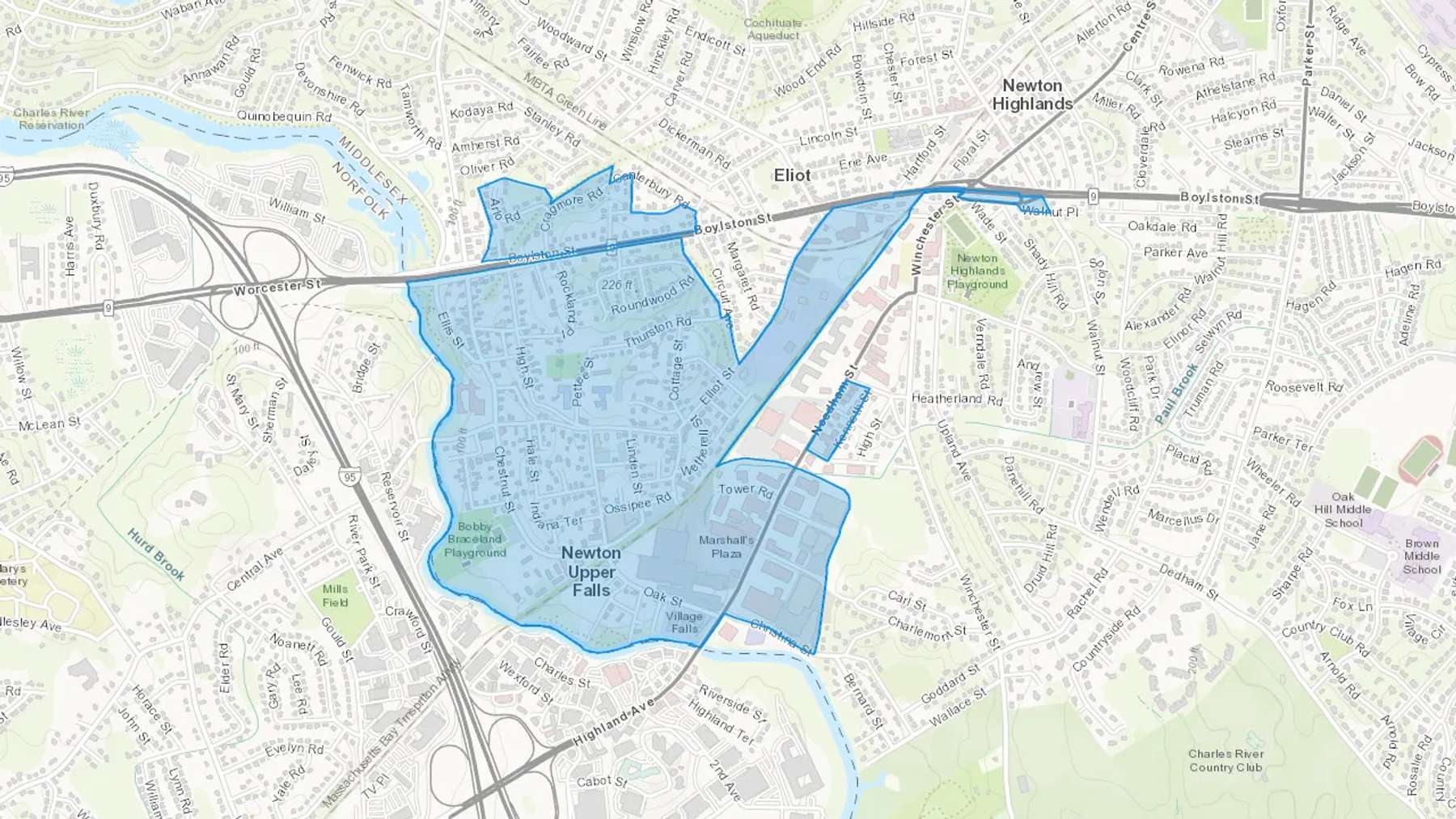 Newton Upper Falls, MA Cash heating Oil delivery map Map of the COD Fuel Oil delivery service area for Newton Upper Falls, MA