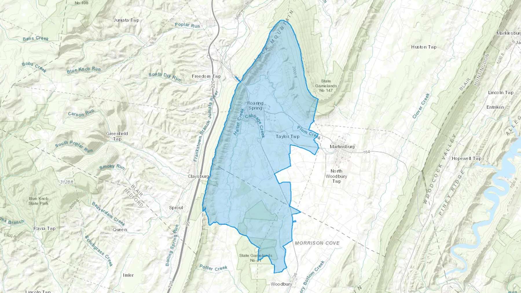 Roaring Spring, PA Cash heating Oil delivery map Map of the COD Fuel Oil delivery service area for Roaring Spring, PA