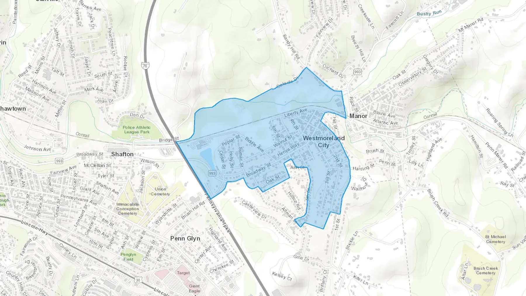 Westmoreland City, PA Cash heating Oil delivery map Map of the COD Fuel Oil delivery service area for Westmoreland City, PA