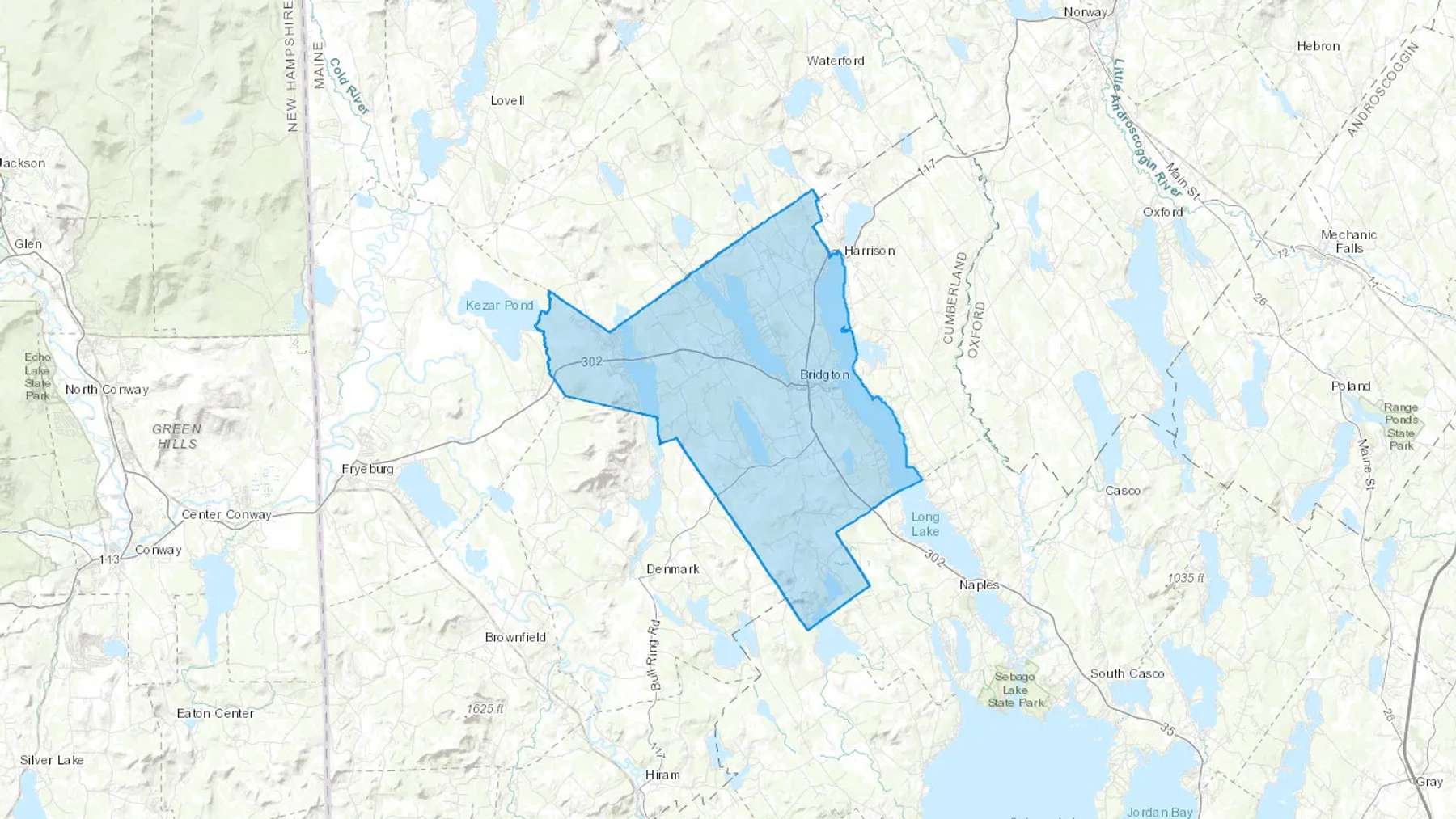 Bridgton, ME Cash heating Oil delivery map Map of the COD Fuel Oil delivery service area for Bridgton, ME