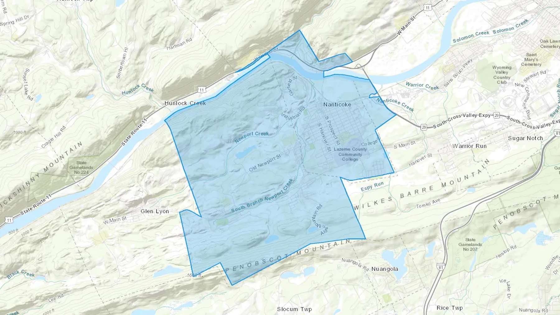 Nanticoke, PA Cash heating Oil delivery map Map of the COD Fuel Oil delivery service area for Nanticoke, PA