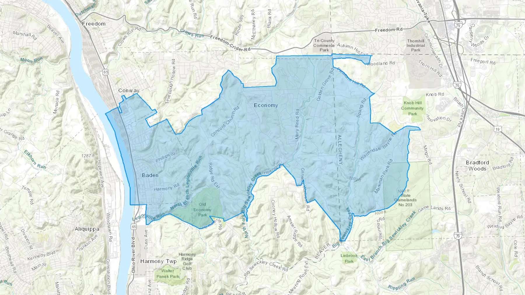 Baden, PA Cash heating Oil delivery map Map of the COD Fuel Oil delivery service area for Baden, PA