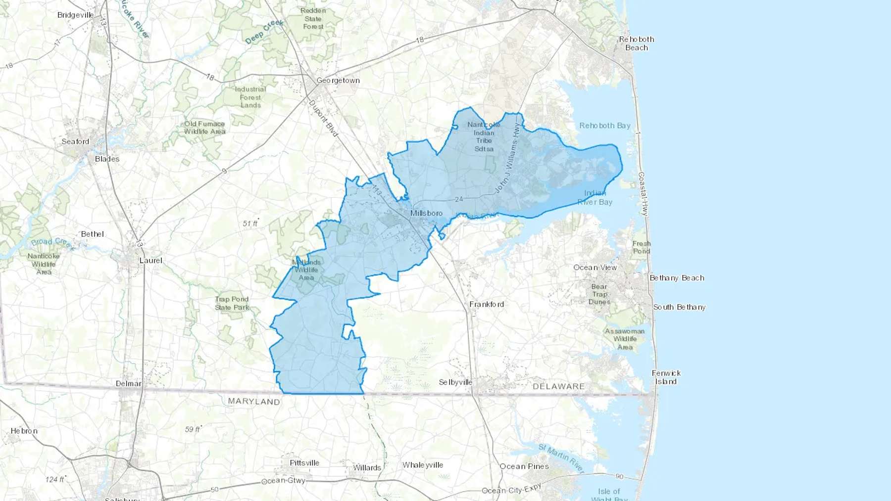 Millsboro, DE Cash heating Oil delivery map Map of the COD Fuel Oil delivery service area for Millsboro, DE