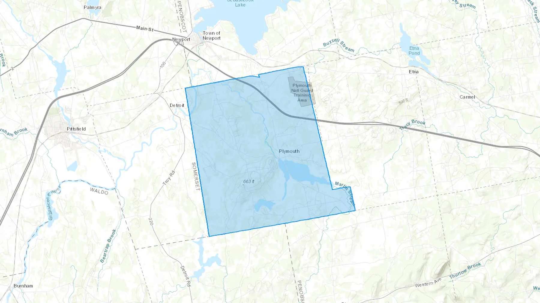 Plymouth, ME Cash heating Oil delivery map Map of the COD Fuel Oil delivery service area for Plymouth, ME
