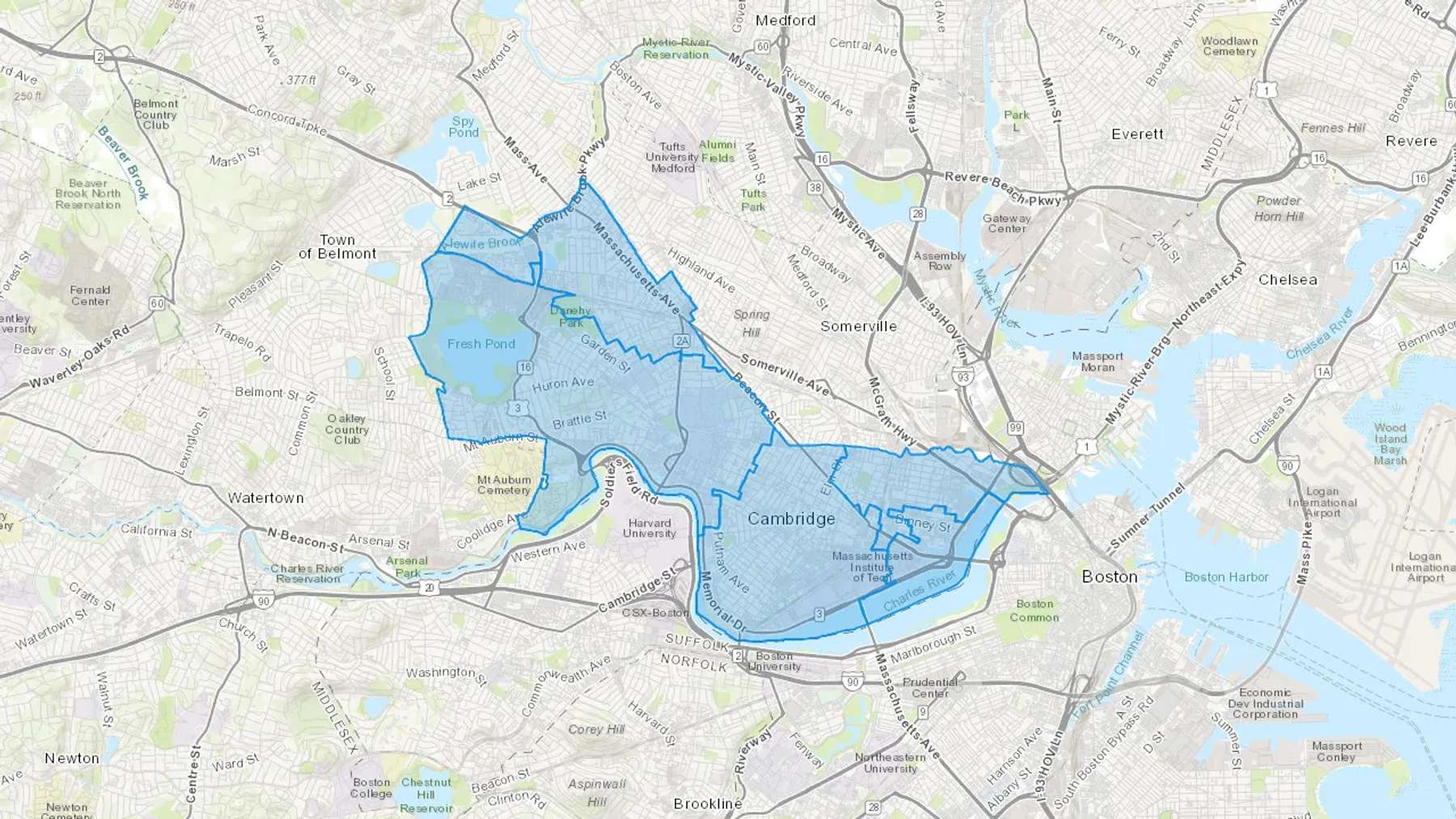 Cambridge, MA Cash heating Oil delivery map Map of the COD Fuel Oil delivery service area for Cambridge, MA
