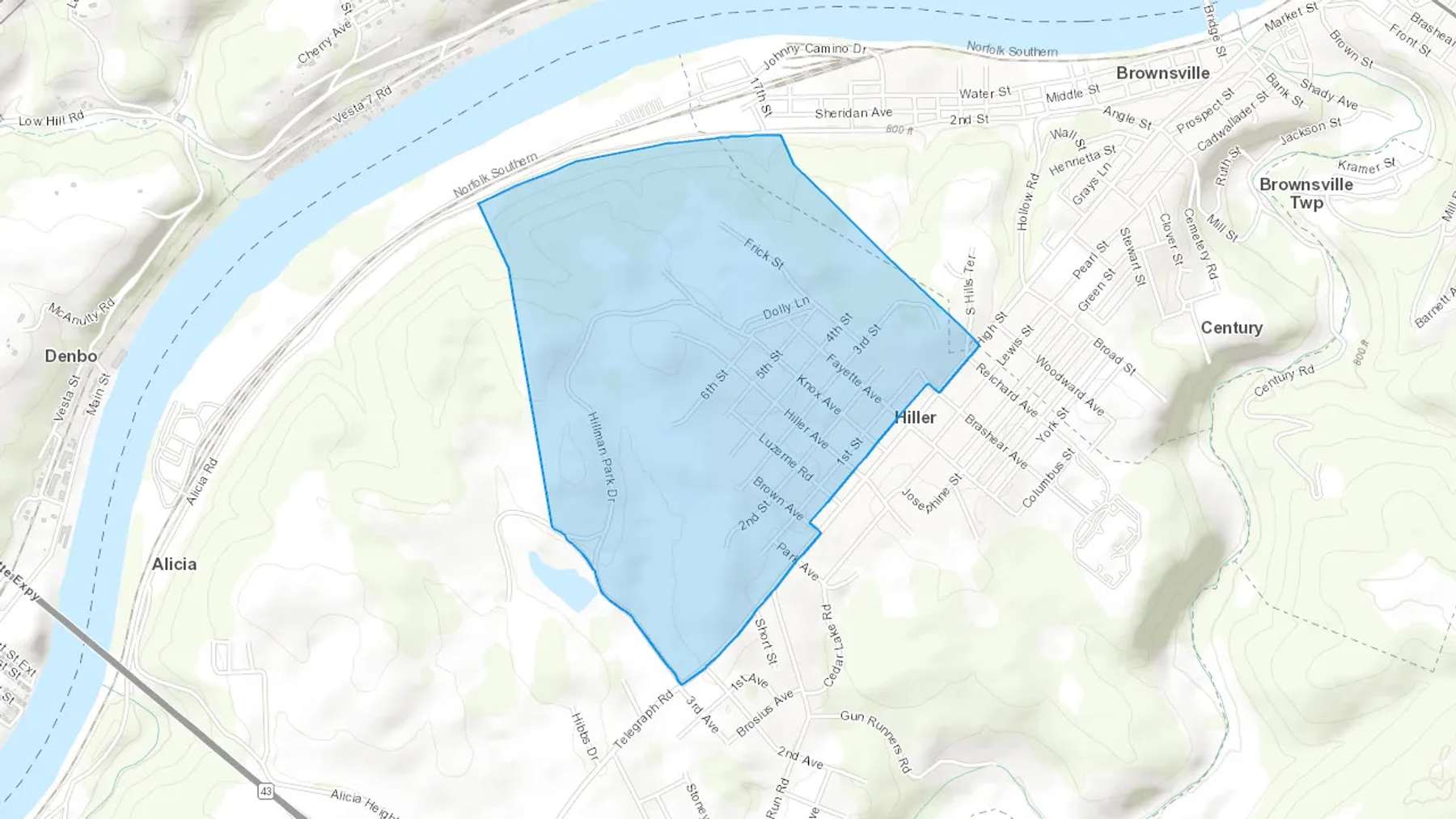 Brownsville, PA Cash heating Oil delivery map Map of the COD Fuel Oil delivery service area for Brownsville, PA