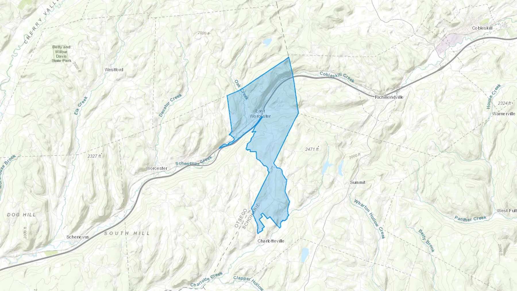 East Worcester, NY Cash heating Oil delivery map Map of the COD Fuel Oil delivery service area for East Worcester, NY