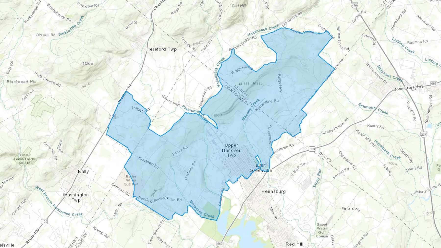 East Greenville, PA Cash heating Oil delivery map Map of the COD Fuel Oil delivery service area for East Greenville, PA