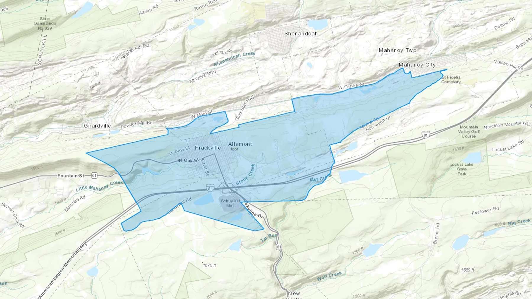 Frackville, PA Cash heating Oil delivery map Map of the COD Fuel Oil delivery service area for Frackville, PA