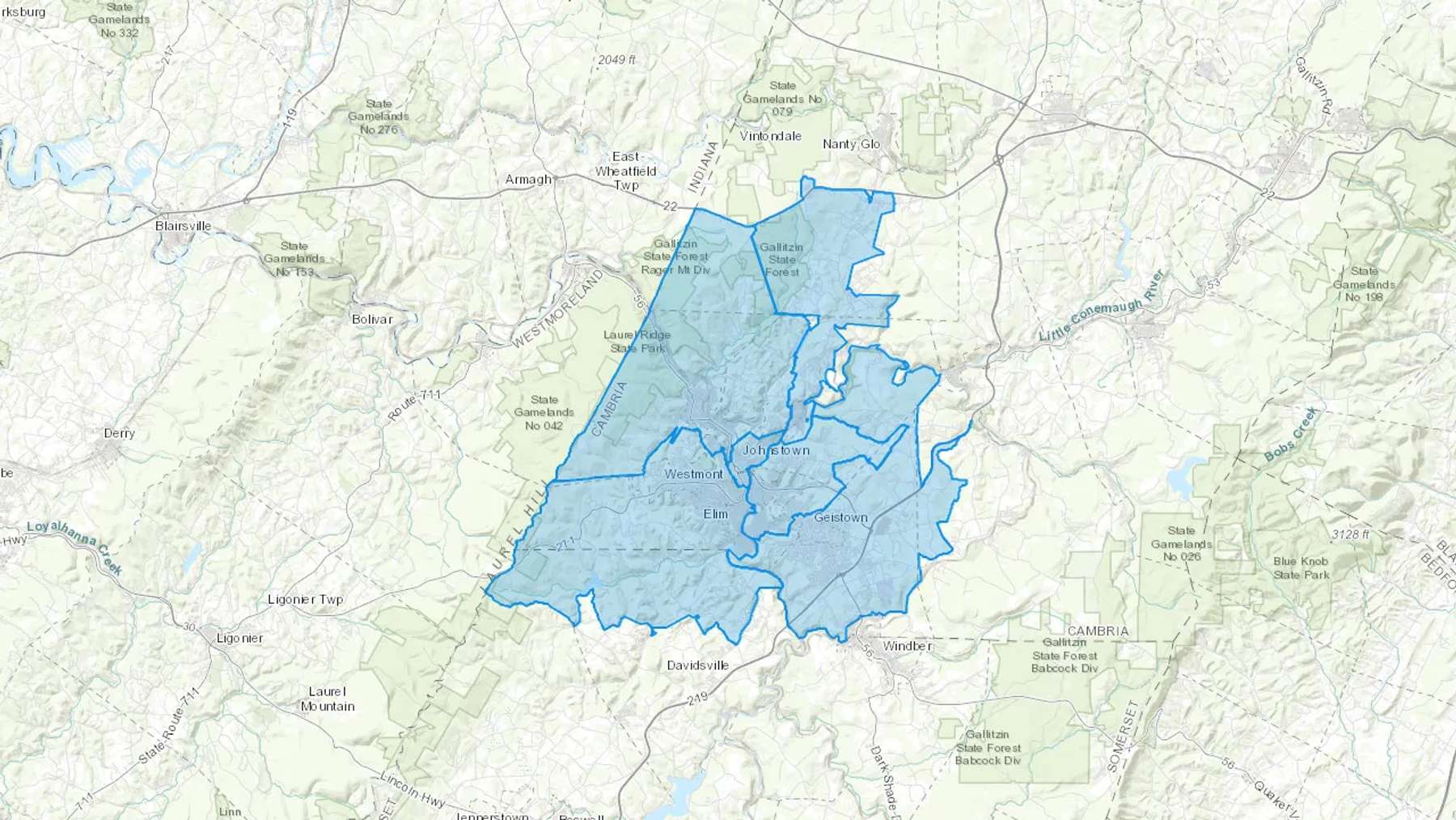 Johnstown, PA Cash heating Oil delivery map Map of the COD Fuel Oil delivery service area for Johnstown, PA