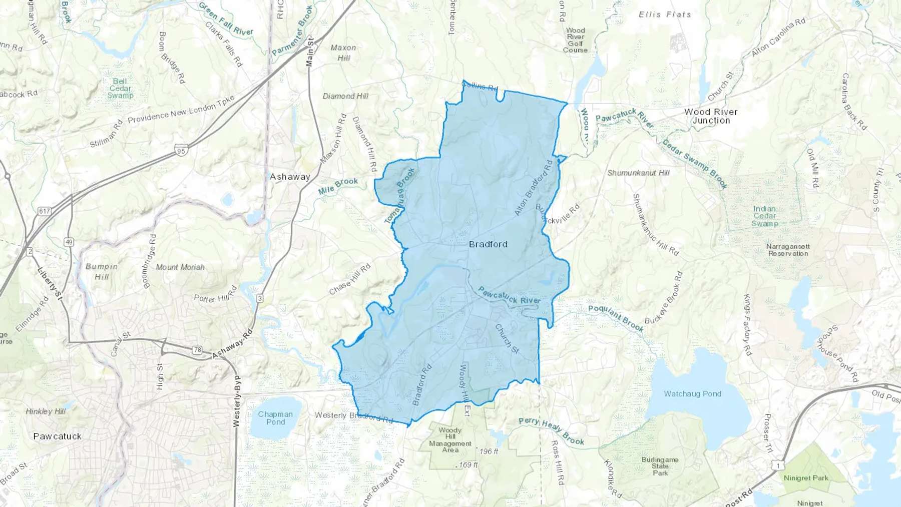 Bradford, RI Cash heating Oil delivery map Map of the COD Fuel Oil delivery service area for Bradford, RI