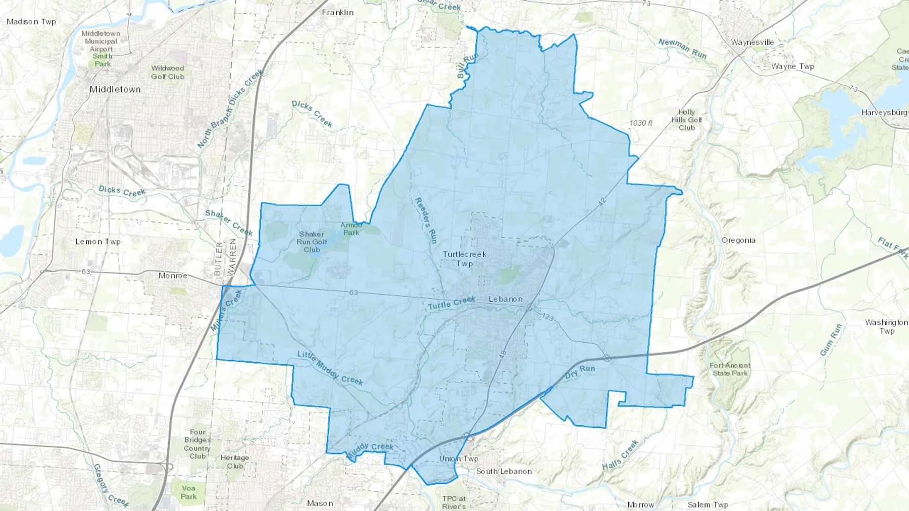 Lebanon, OH Cash heating Oil delivery map Map of the COD Fuel Oil delivery service area for Lebanon, OH