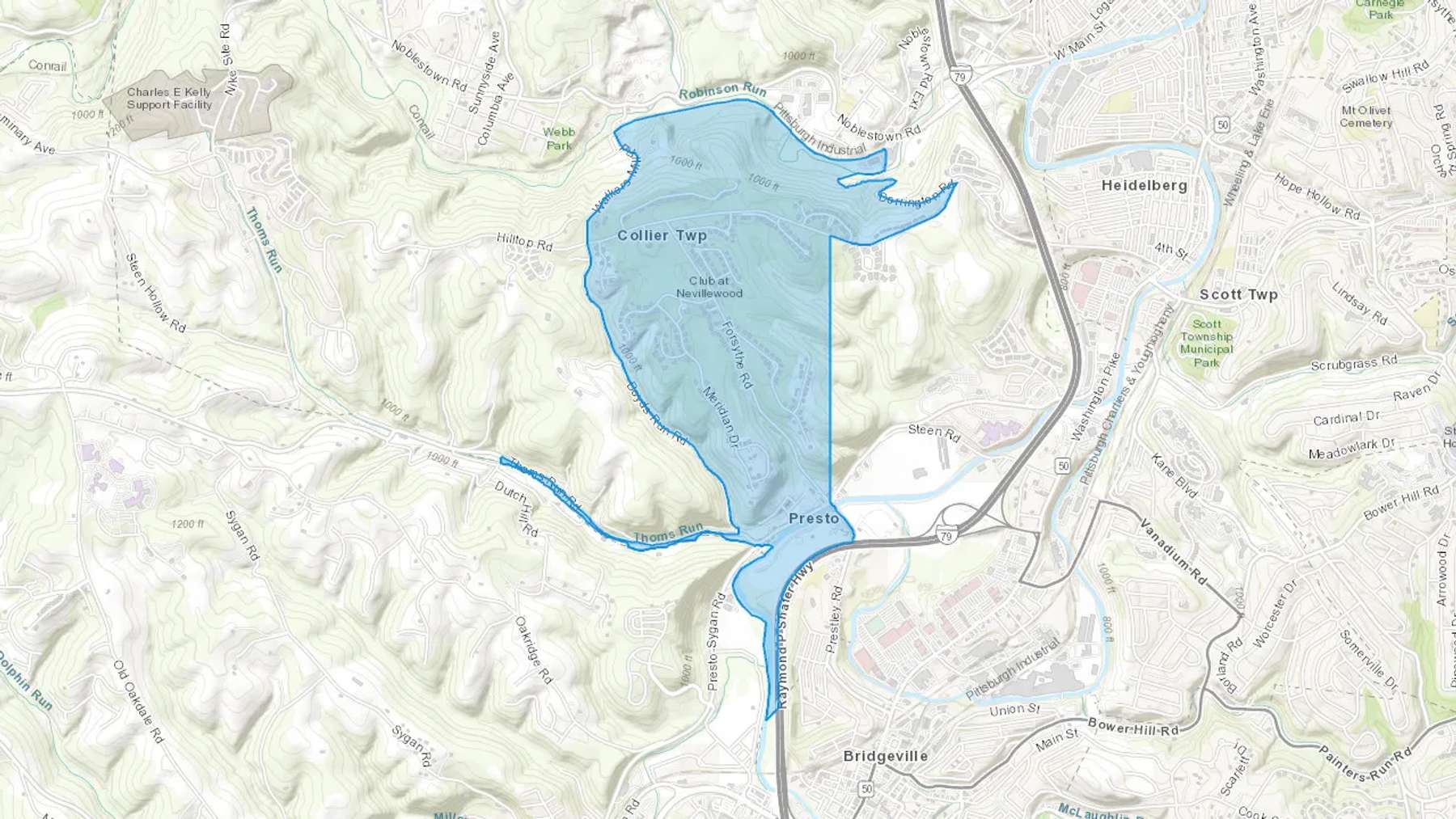 Presto, PA Cash heating Oil delivery map Map of the COD Fuel Oil delivery service area for Presto, PA
