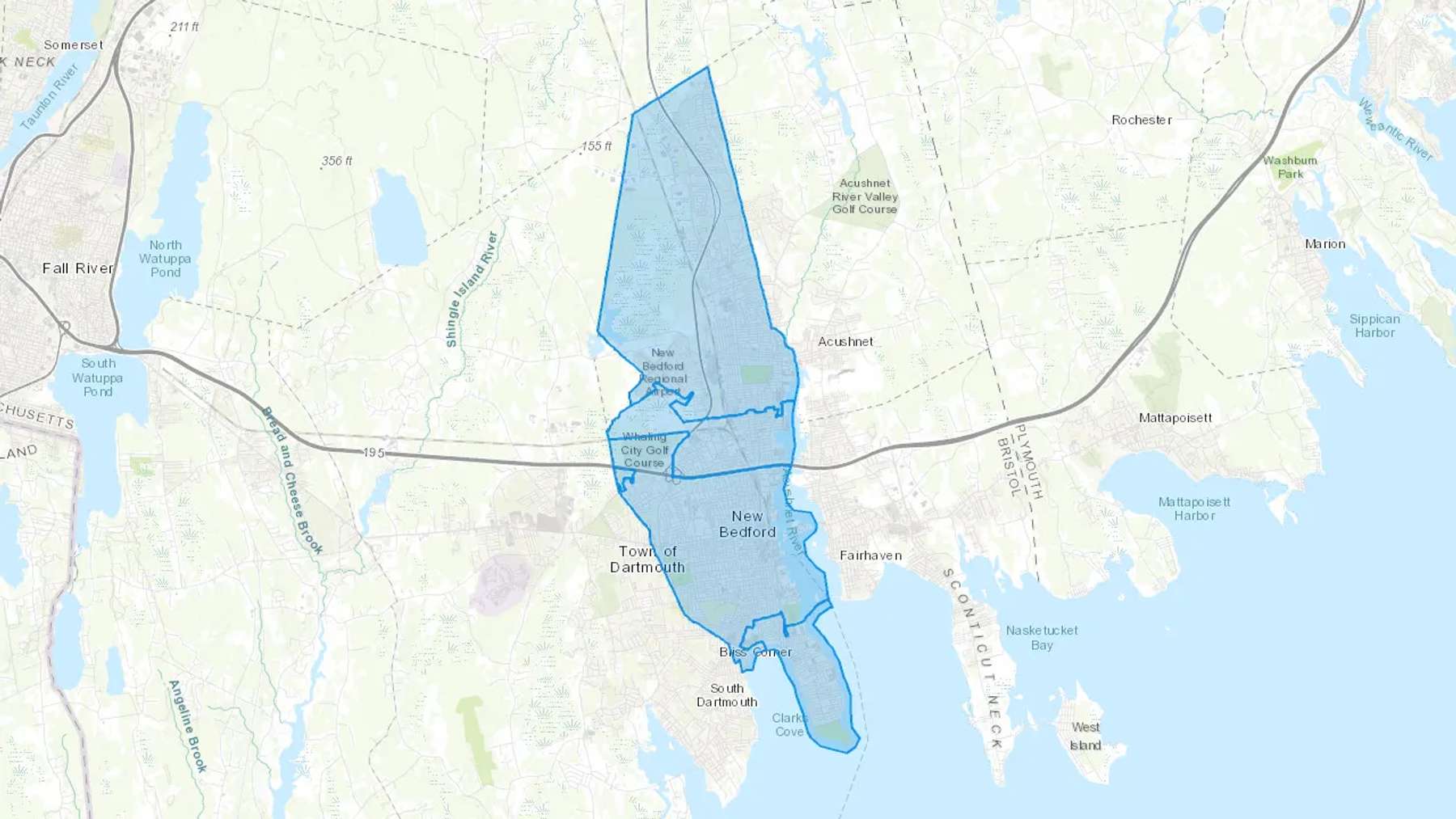 New Bedford, MA Cash heating Oil delivery map Map of the COD Fuel Oil delivery service area for New Bedford, MA