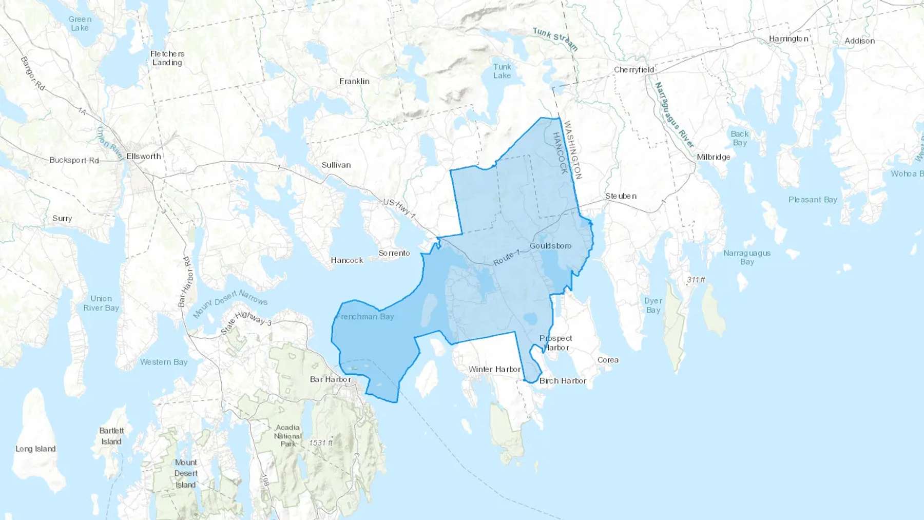 Gouldsboro, ME Cash heating Oil delivery map Map of the COD Fuel Oil delivery service area for Gouldsboro, ME