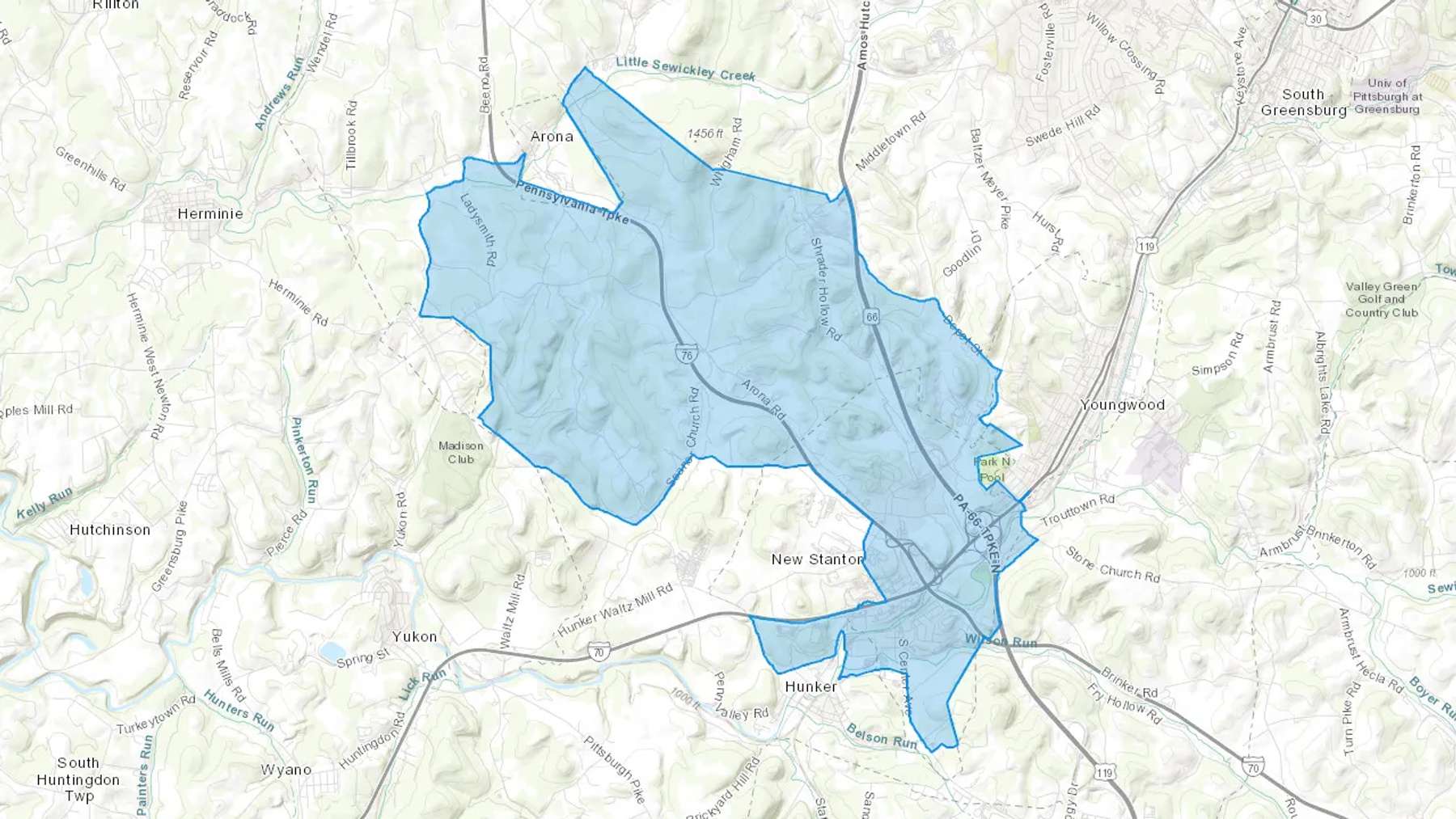 New Stanton, PA Cash heating Oil delivery map Map of the COD Fuel Oil delivery service area for New Stanton, PA