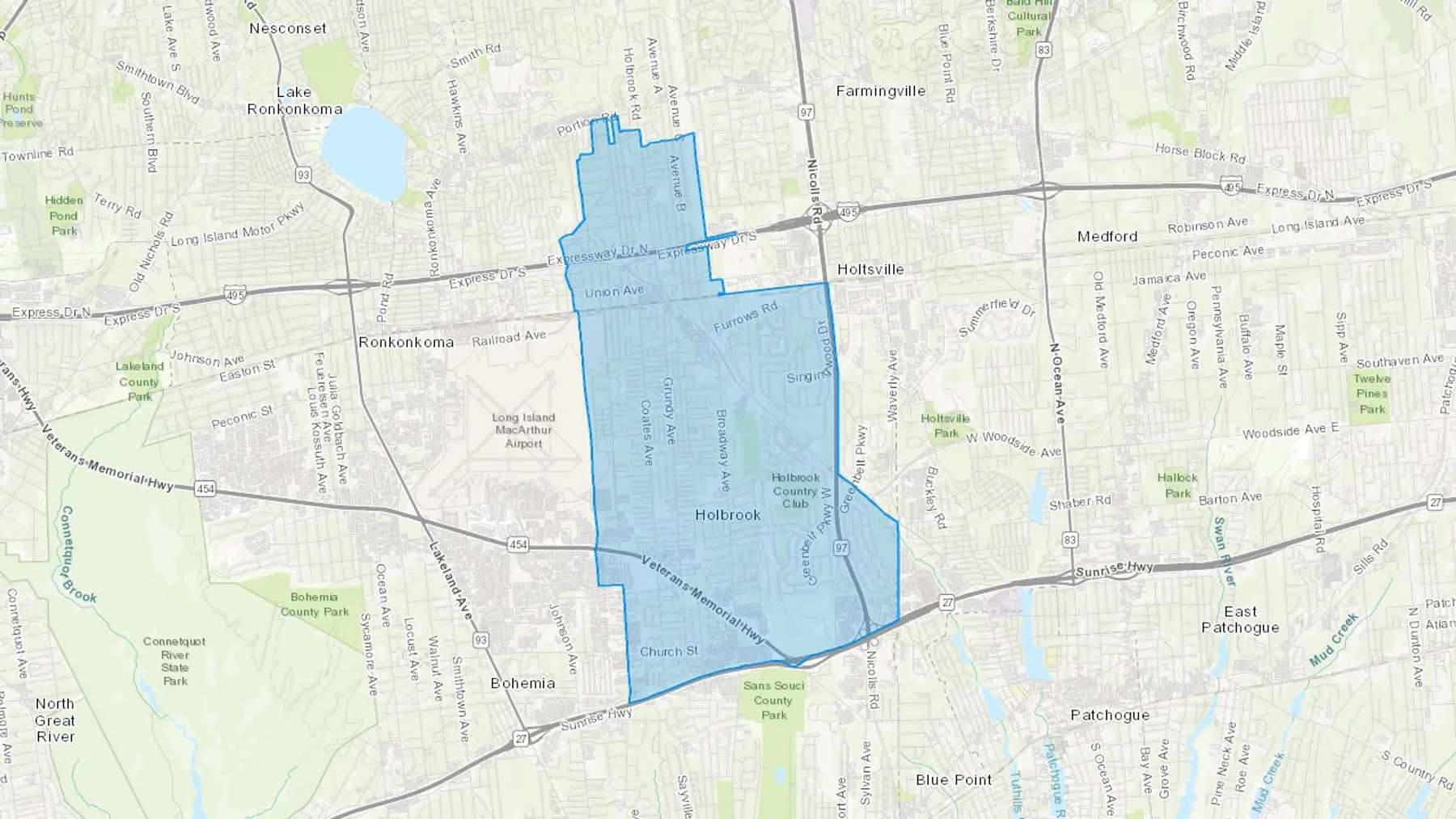 Holbrook, NY Cash heating Oil delivery map Map of the COD Fuel Oil delivery service area for Holbrook, NY