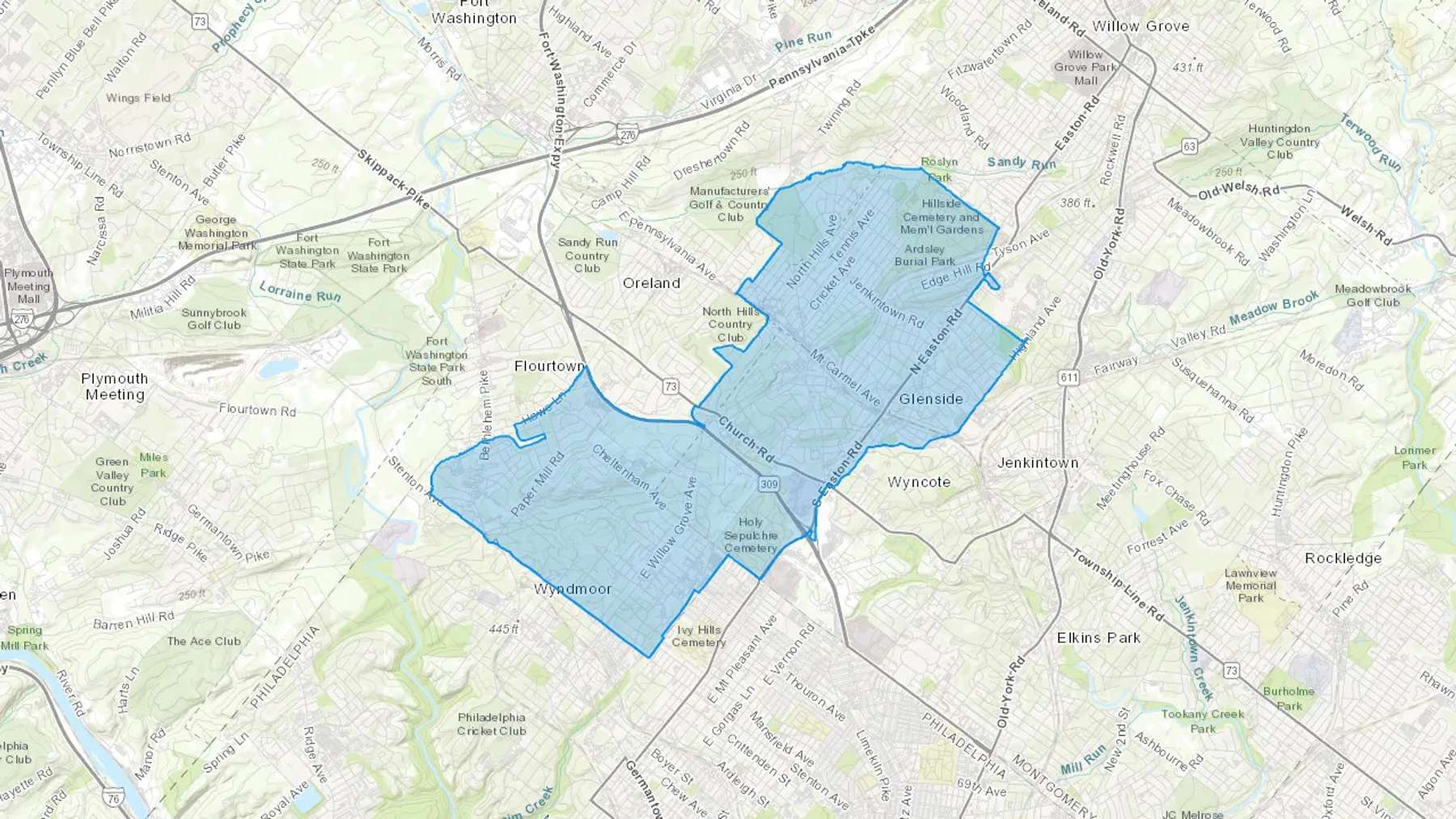 Glenside, PA Cash heating Oil delivery map Map of the COD Fuel Oil delivery service area for Glenside, PA