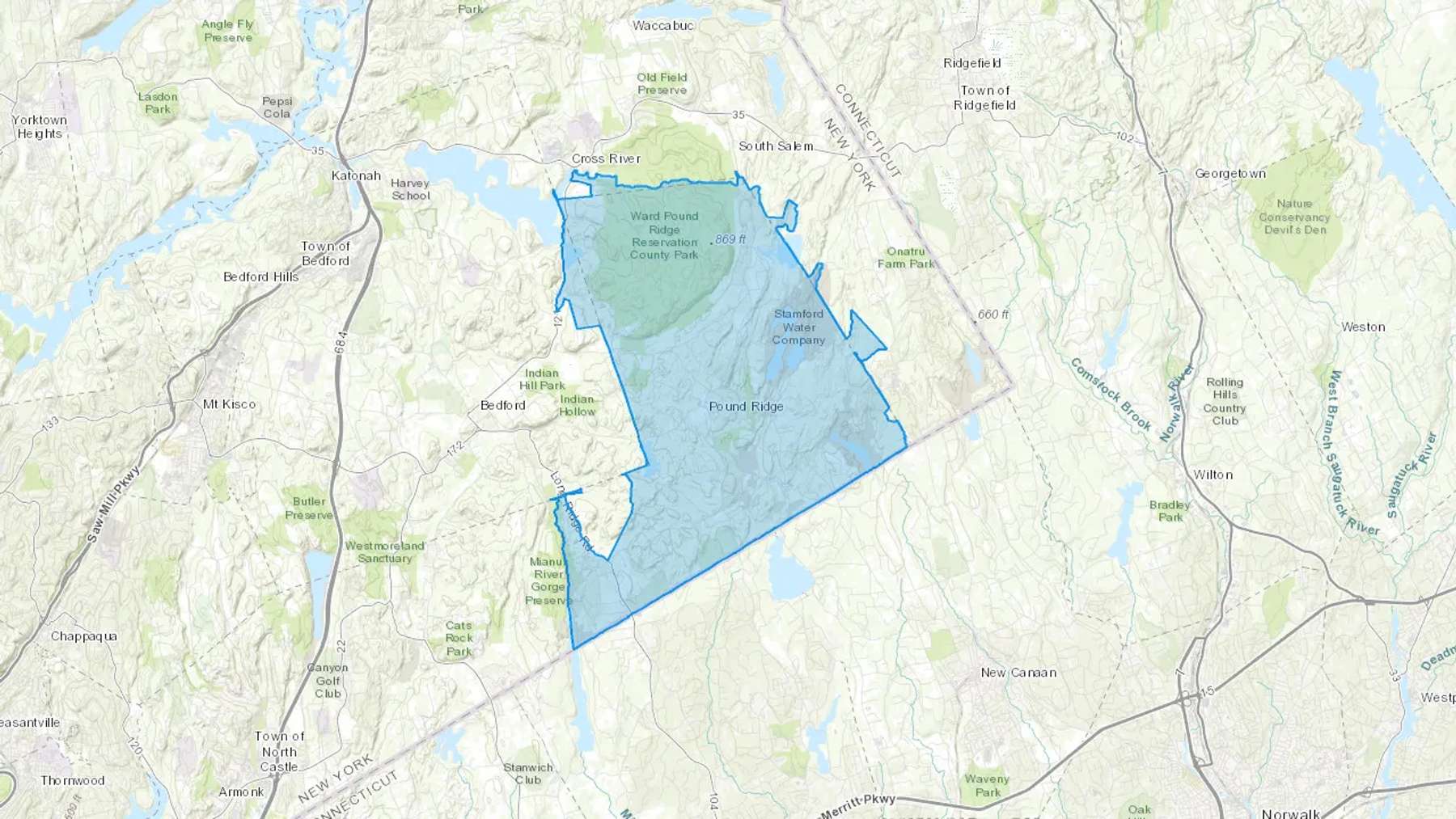 Pound Ridge, NY Cash heating Oil delivery map Map of the COD Fuel Oil delivery service area for Pound Ridge, NY