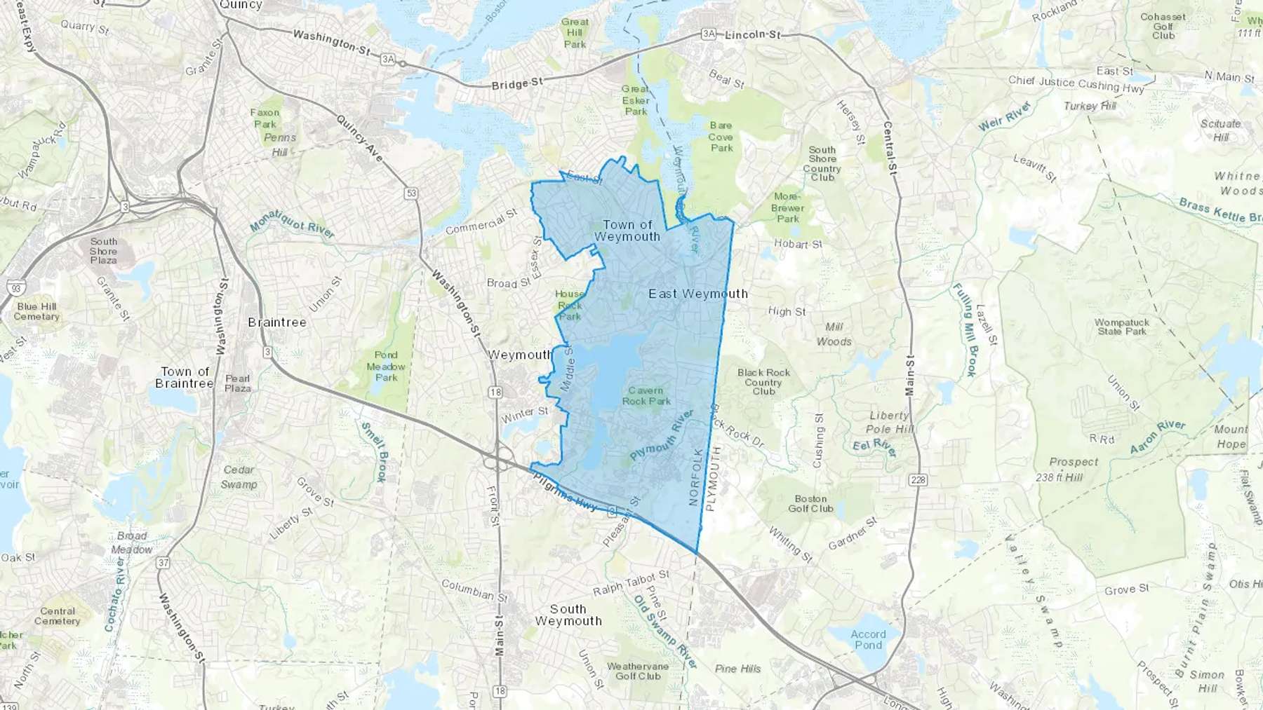 East Weymouth, MA Cash heating Oil delivery map Map of the COD Fuel Oil delivery service area for East Weymouth, MA
