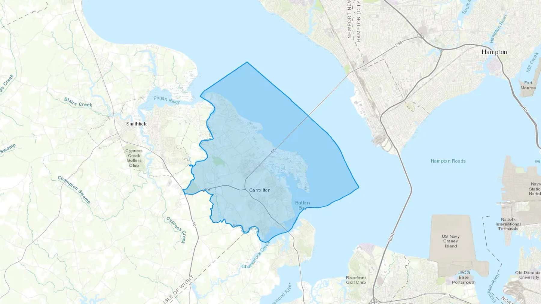 Carrollton, VA Cash heating Oil delivery map Map of the COD Fuel Oil delivery service area for Carrollton, VA