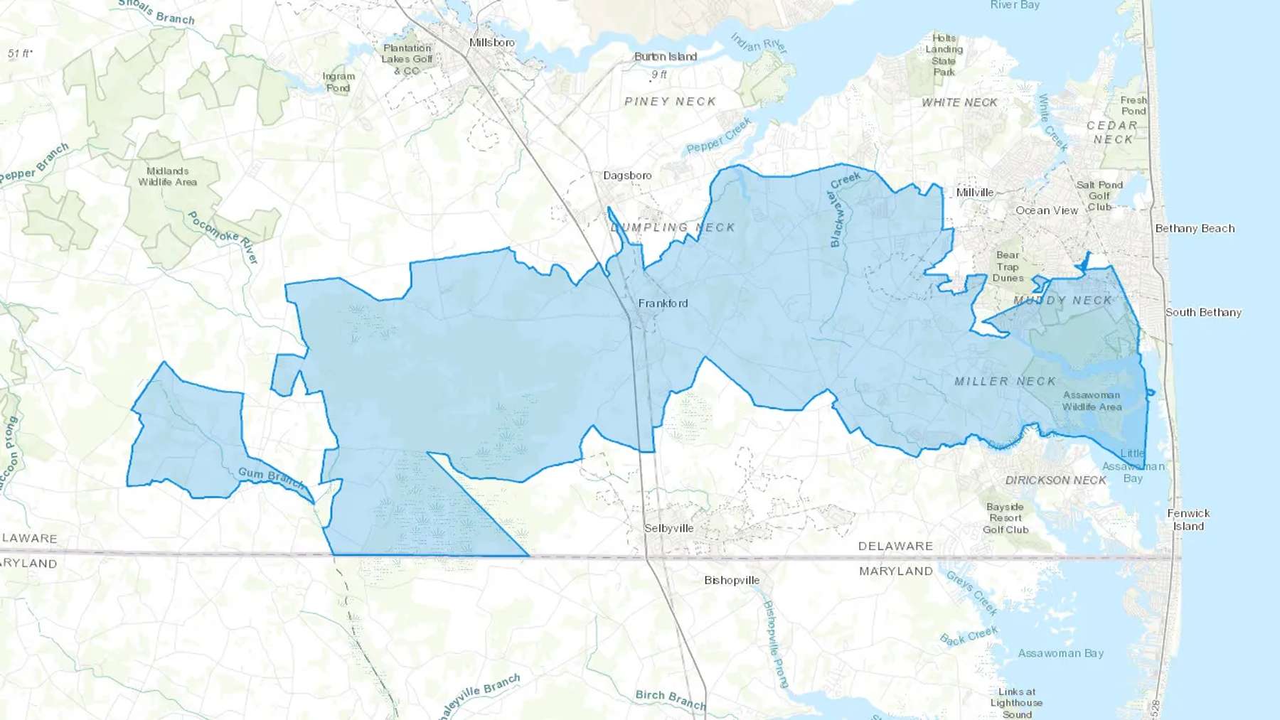Frankford, DE Cash heating Oil delivery map Map of the COD Fuel Oil delivery service area for Frankford, DE