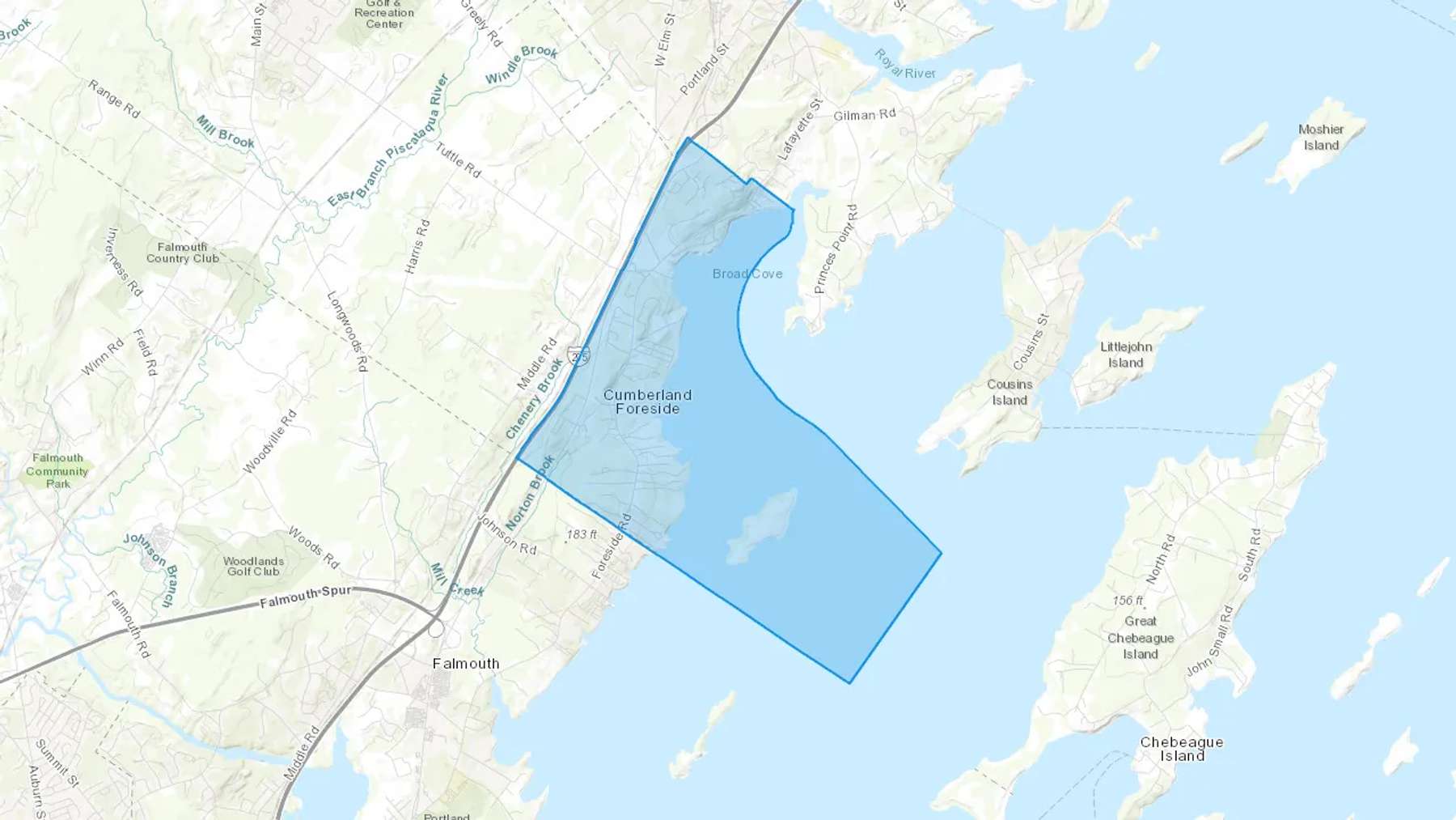 Cumberland Foreside, ME Cash heating Oil delivery map Map of the COD Fuel Oil delivery service area for Cumberland Foreside, ME