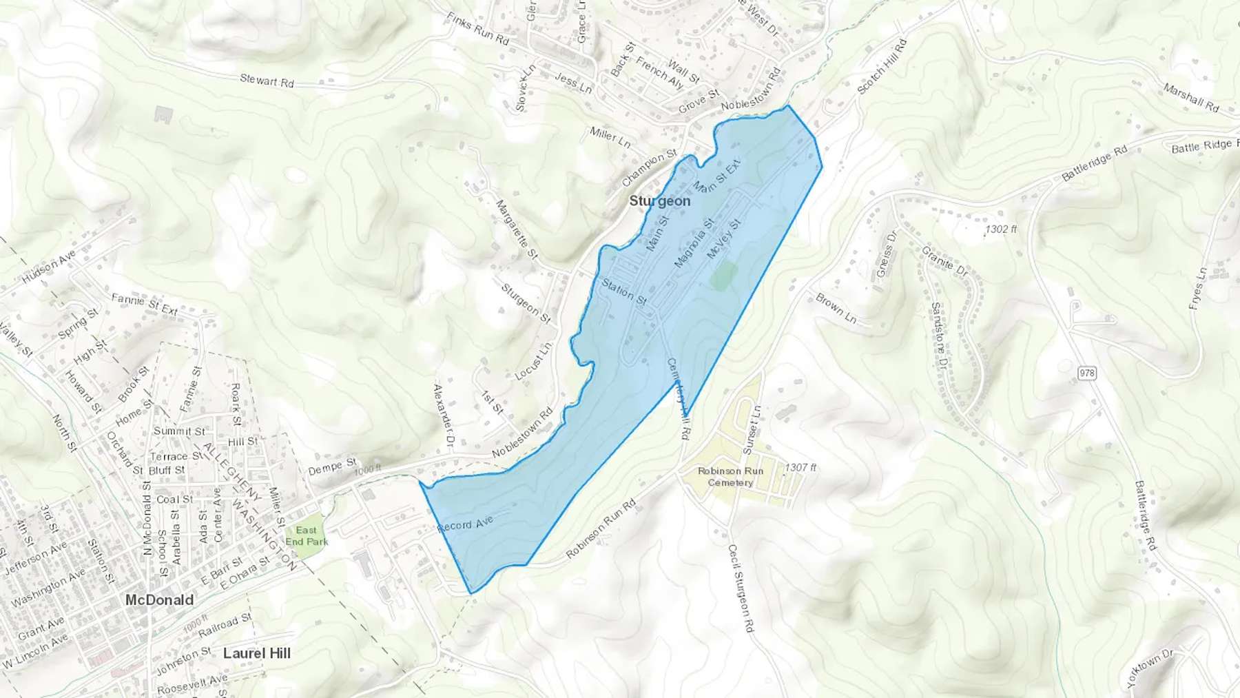 Sturgeon, PA Cash heating Oil delivery map Map of the COD Fuel Oil delivery service area for Sturgeon, PA