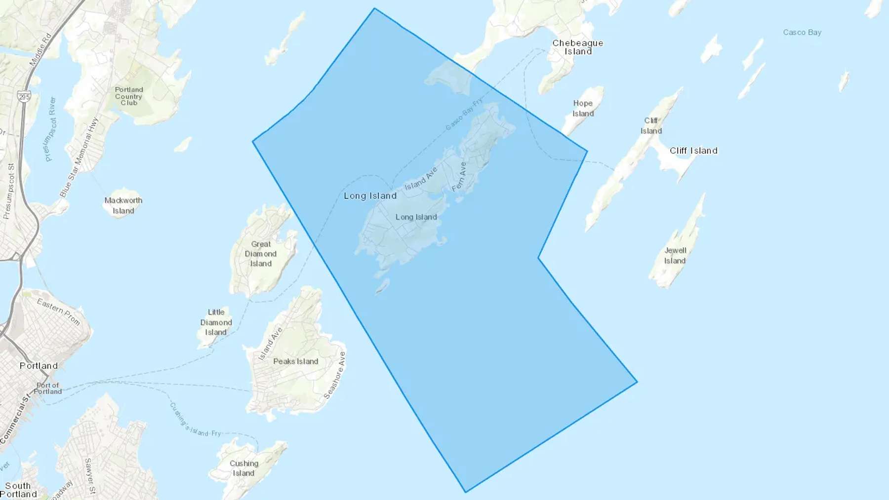 Long Island, ME Cash heating Oil delivery map Map of the COD Fuel Oil delivery service area for Long Island, ME