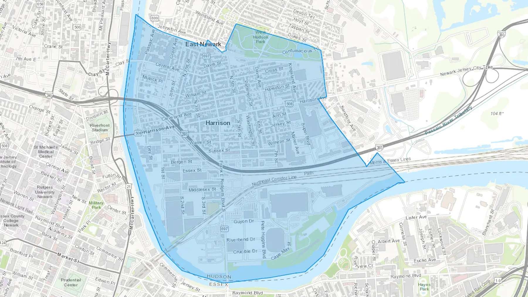 Harrison, NJ Cash heating Oil delivery map Map of the COD Fuel Oil delivery service area for Harrison, NJ