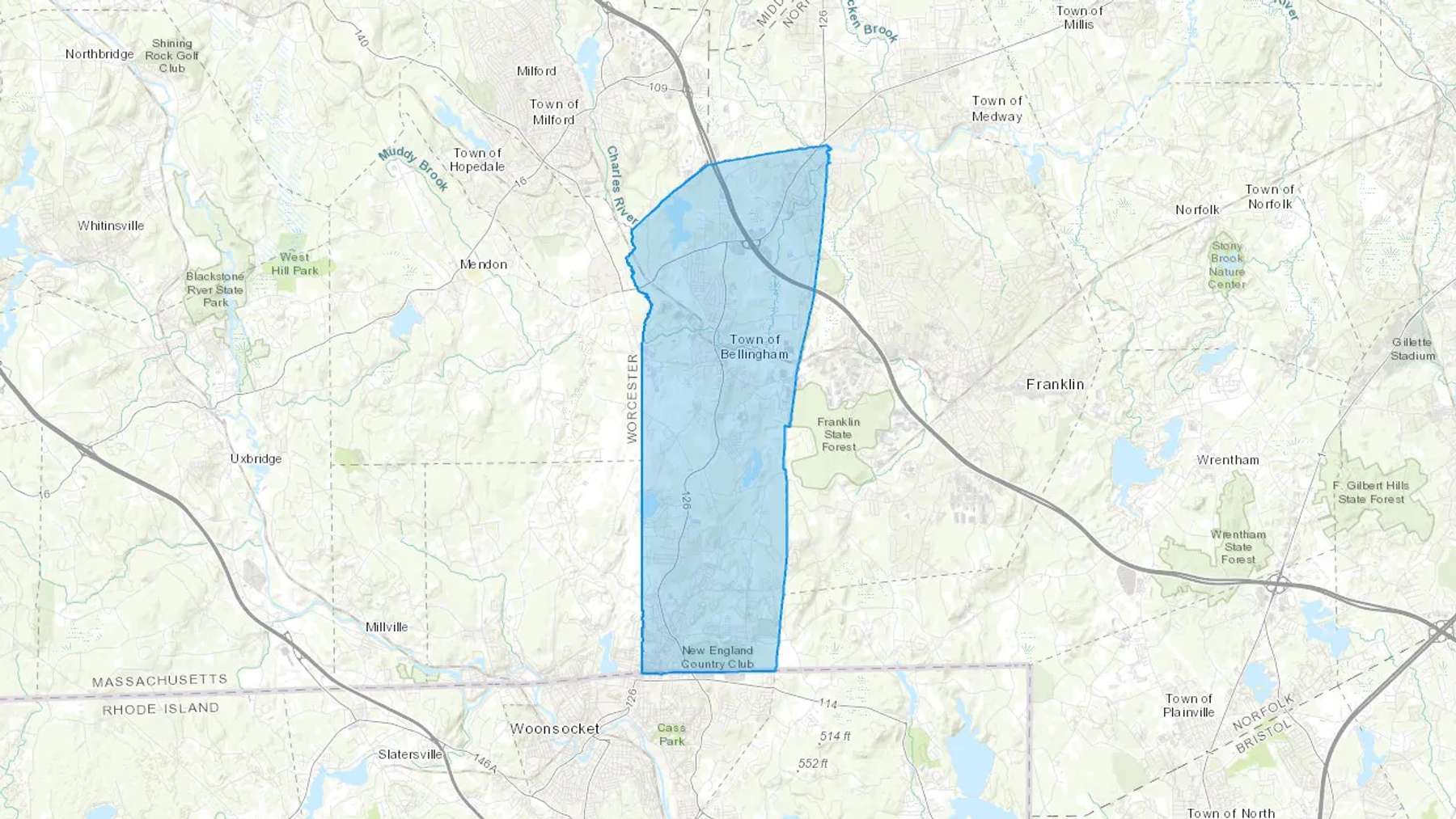 Bellingham, MA Cash heating Oil delivery map Map of the COD Fuel Oil delivery service area for Bellingham, MA