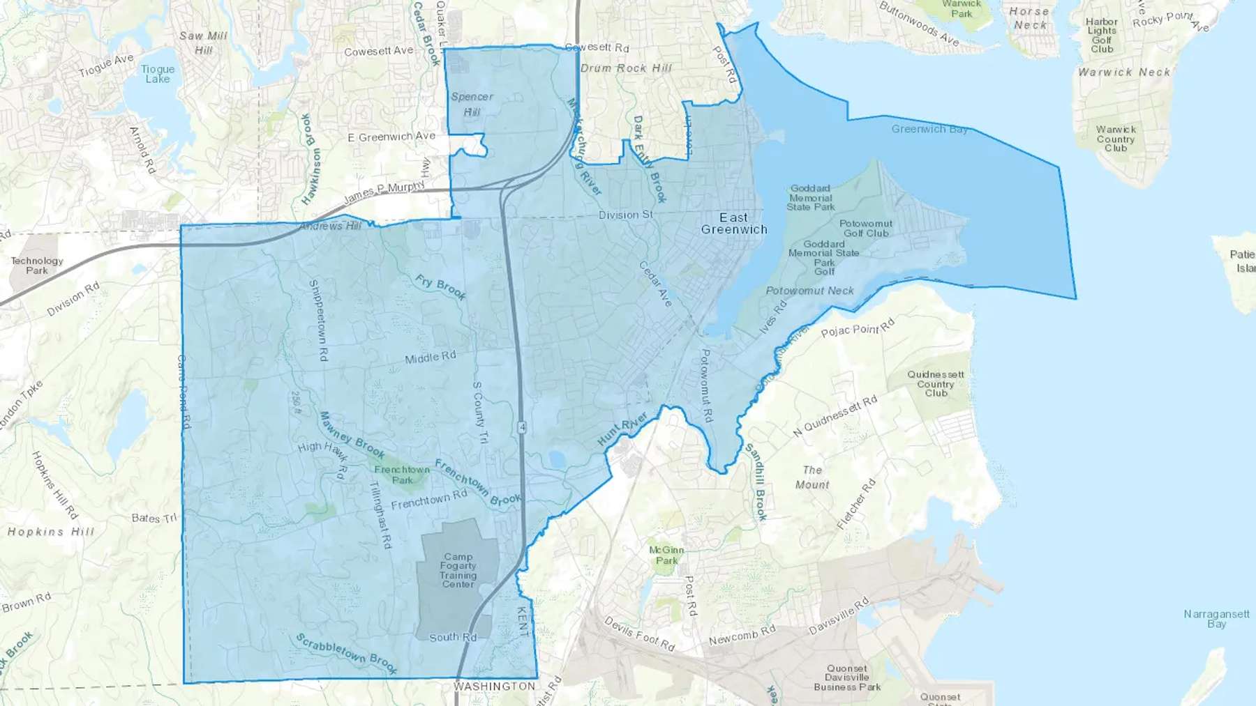 East Greenwich, RI Cash heating Oil delivery map Map of the COD Fuel Oil delivery service area for East Greenwich, RI