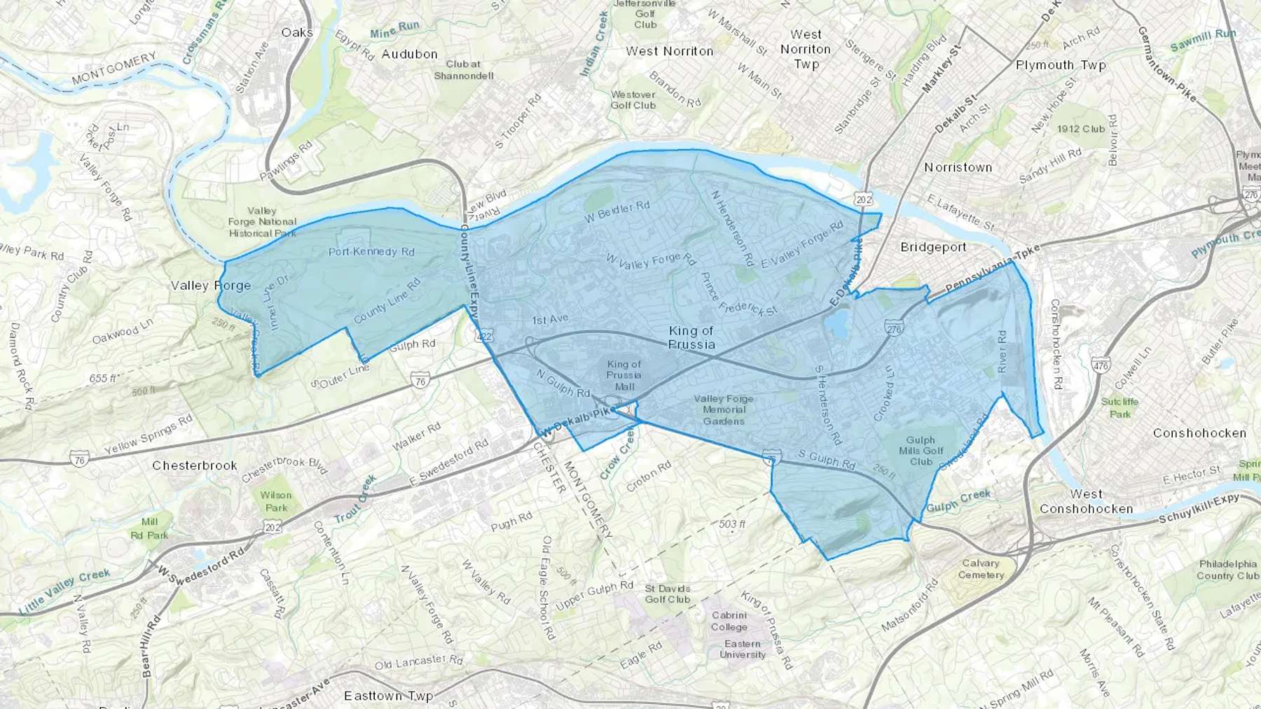 King Of Prussia, PA Cash heating Oil delivery map Map of the COD Fuel Oil delivery service area for King Of Prussia, PA