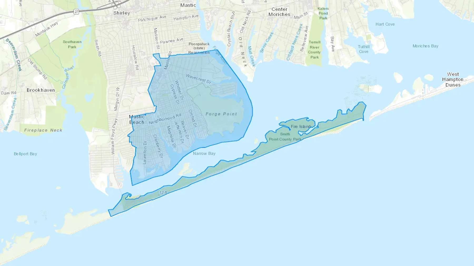 Mastic Beach, NY Cash heating Oil delivery map Map of the COD Fuel Oil delivery service area for Mastic Beach, NY