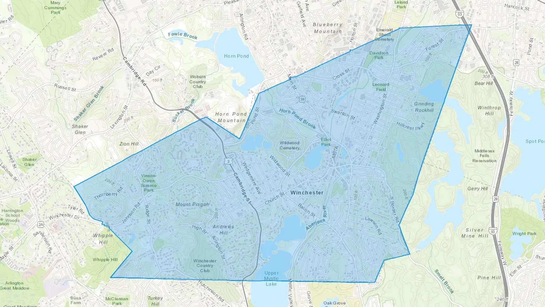 Winchester, MA Cash heating Oil delivery map Map of the COD Fuel Oil delivery service area for Winchester, MA