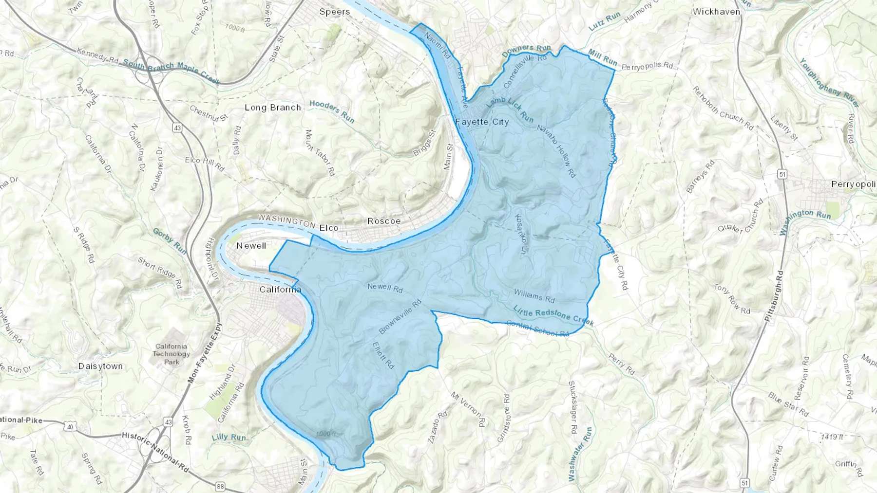 Fayette City, PA Cash heating Oil delivery map Map of the COD Fuel Oil delivery service area for Fayette City, PA