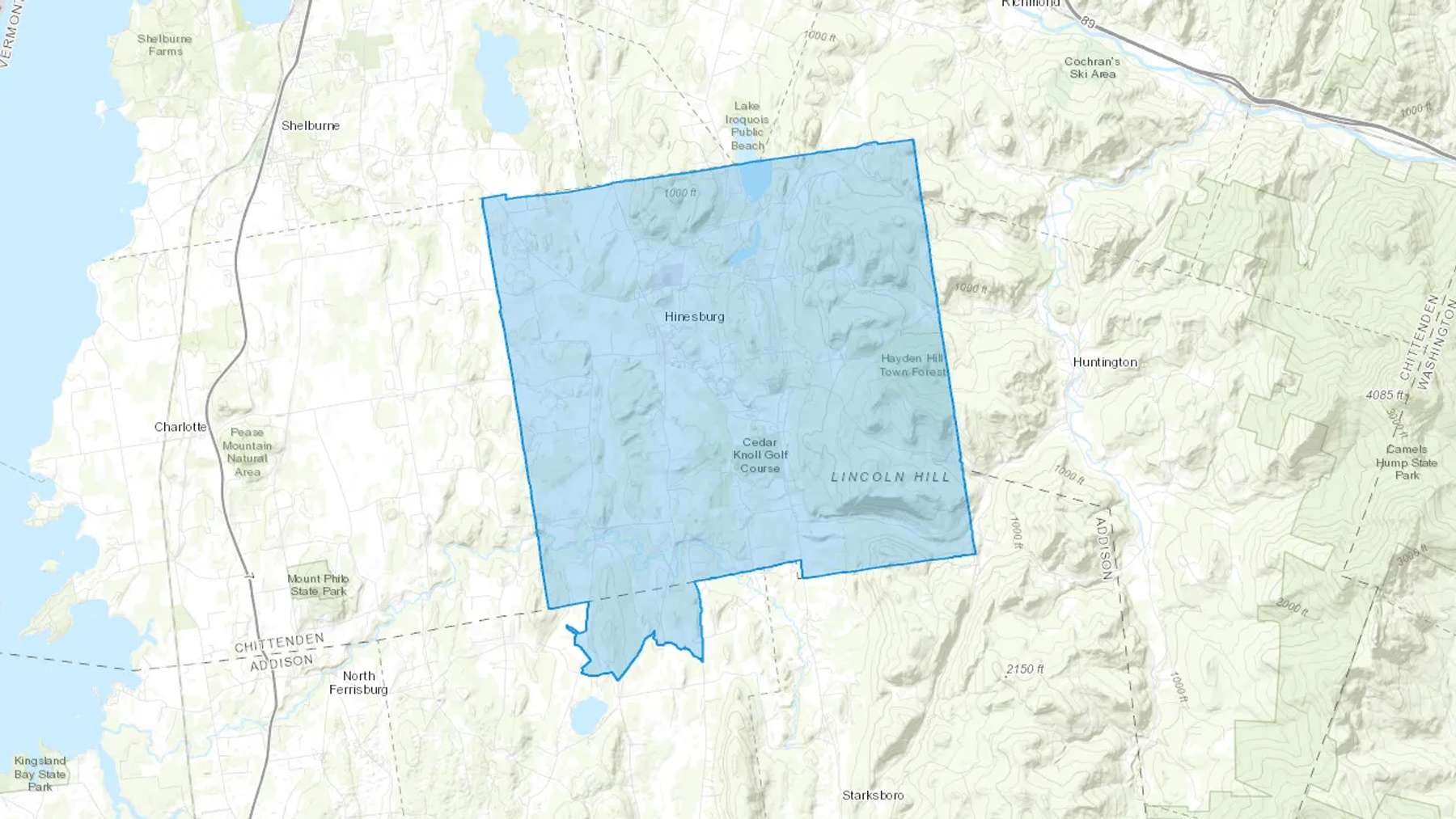 Hinesburg, VT Cash heating Oil delivery map Map of the COD Fuel Oil delivery service area for Hinesburg, VT