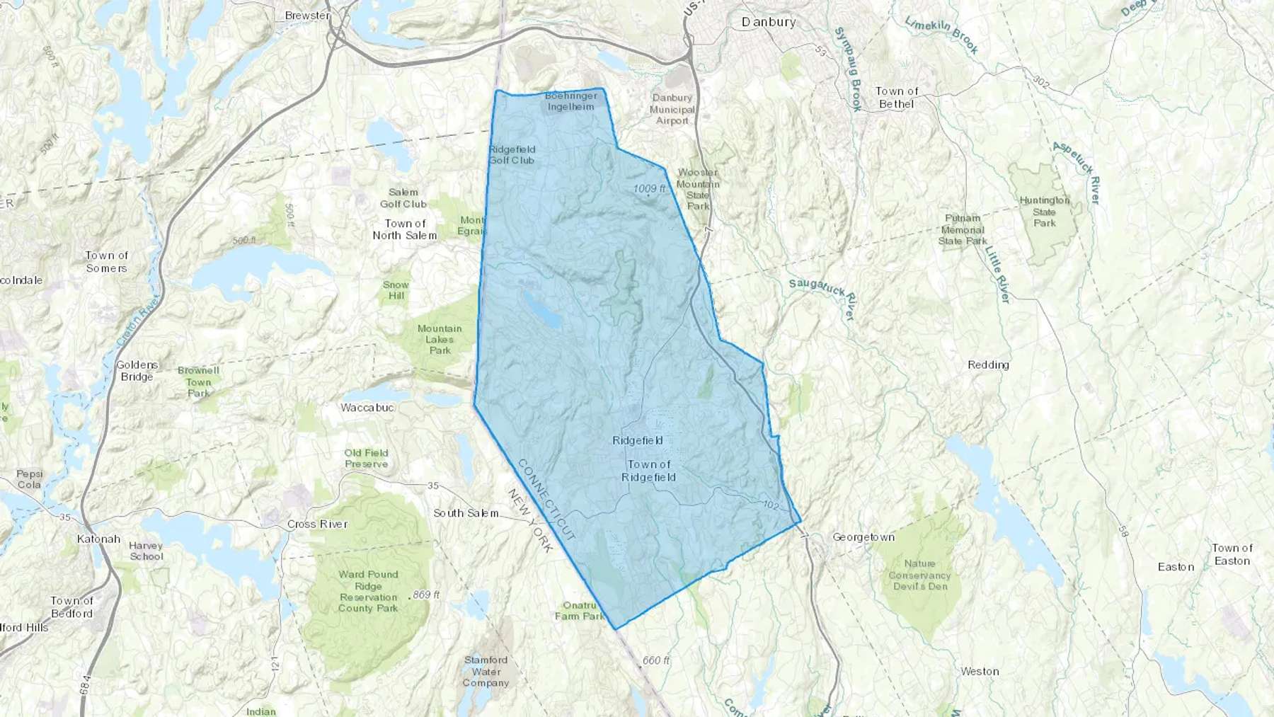 Ridgefield, CT Cash heating Oil delivery map Map of the COD Fuel Oil delivery service area for Ridgefield, CT