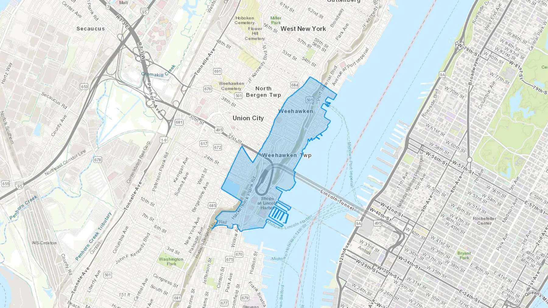 Weehawken, NJ Cash heating Oil delivery map Map of the COD Fuel Oil delivery service area for Weehawken, NJ