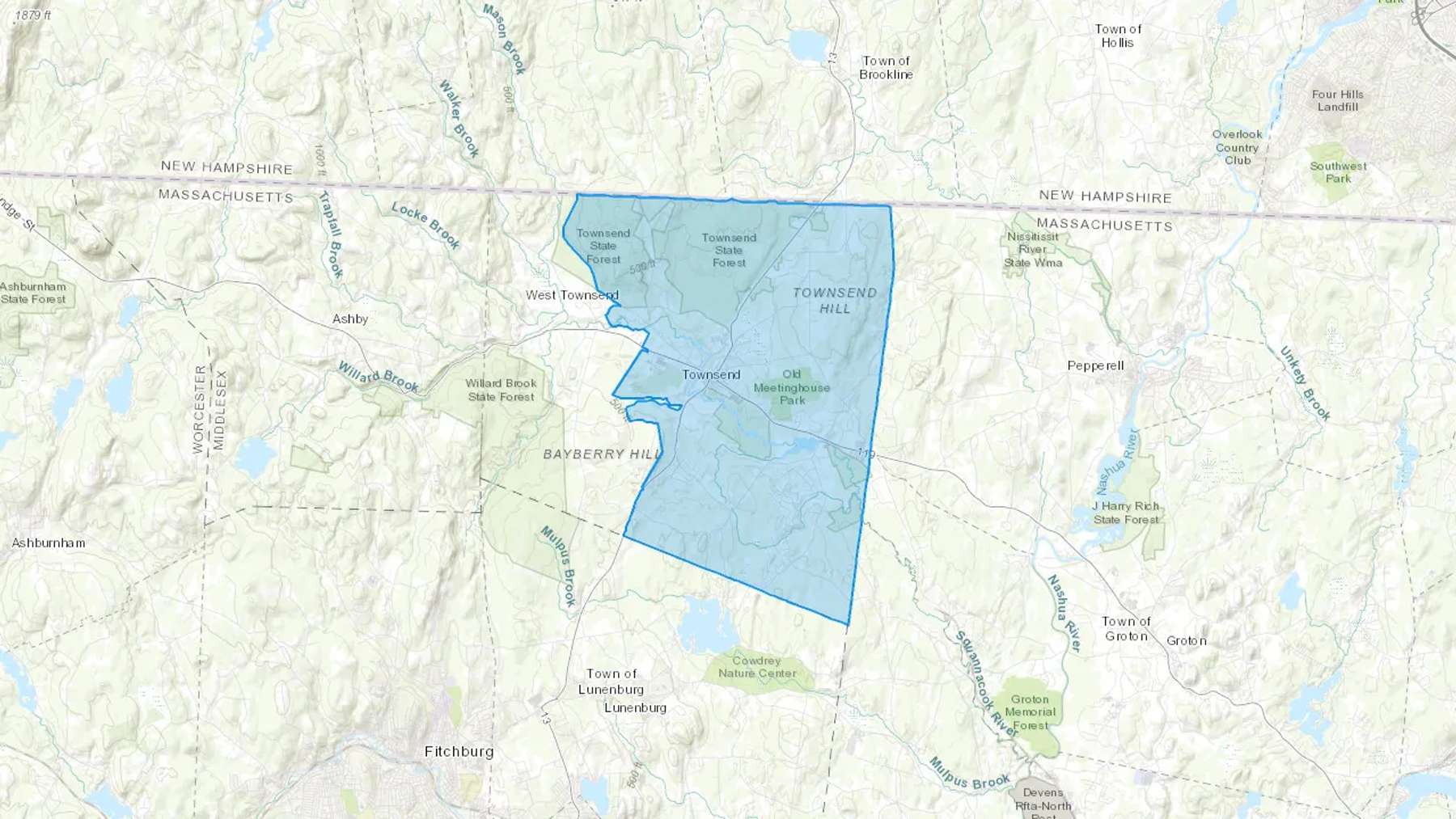 Townsend, MA Cash heating Oil delivery map Map of the COD Fuel Oil delivery service area for Townsend, MA